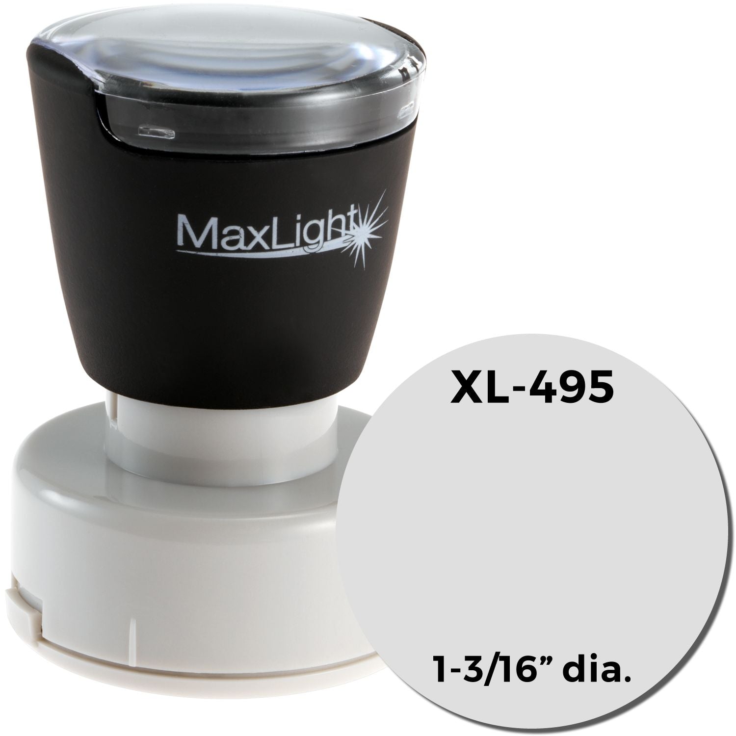 MaxLight XL2-495 Custom Pre-Inked Business Stamp 1-3/16 Diameter, black and white, with a clear cap and labeled size.