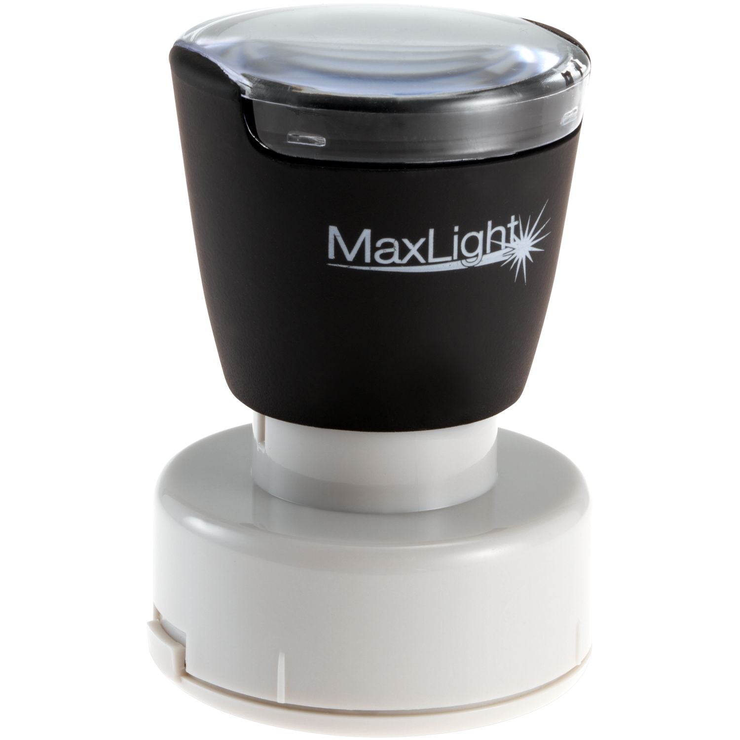 MaxLight XL2-495 Custom Pre-Inked Business Stamp 1-3/16 Diameter, black and white, with a clear top and ergonomic design.