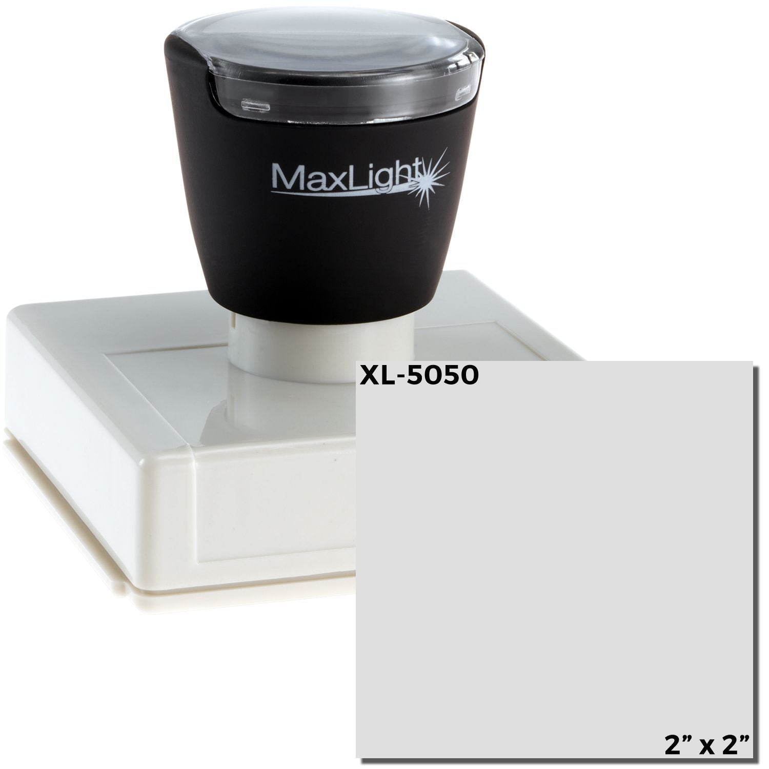 MaxLight XL2-5050 Custom Pre-Inked Business Stamp 2 x 2, black handle, white base, with a 2 x 2 inch imprint area shown.