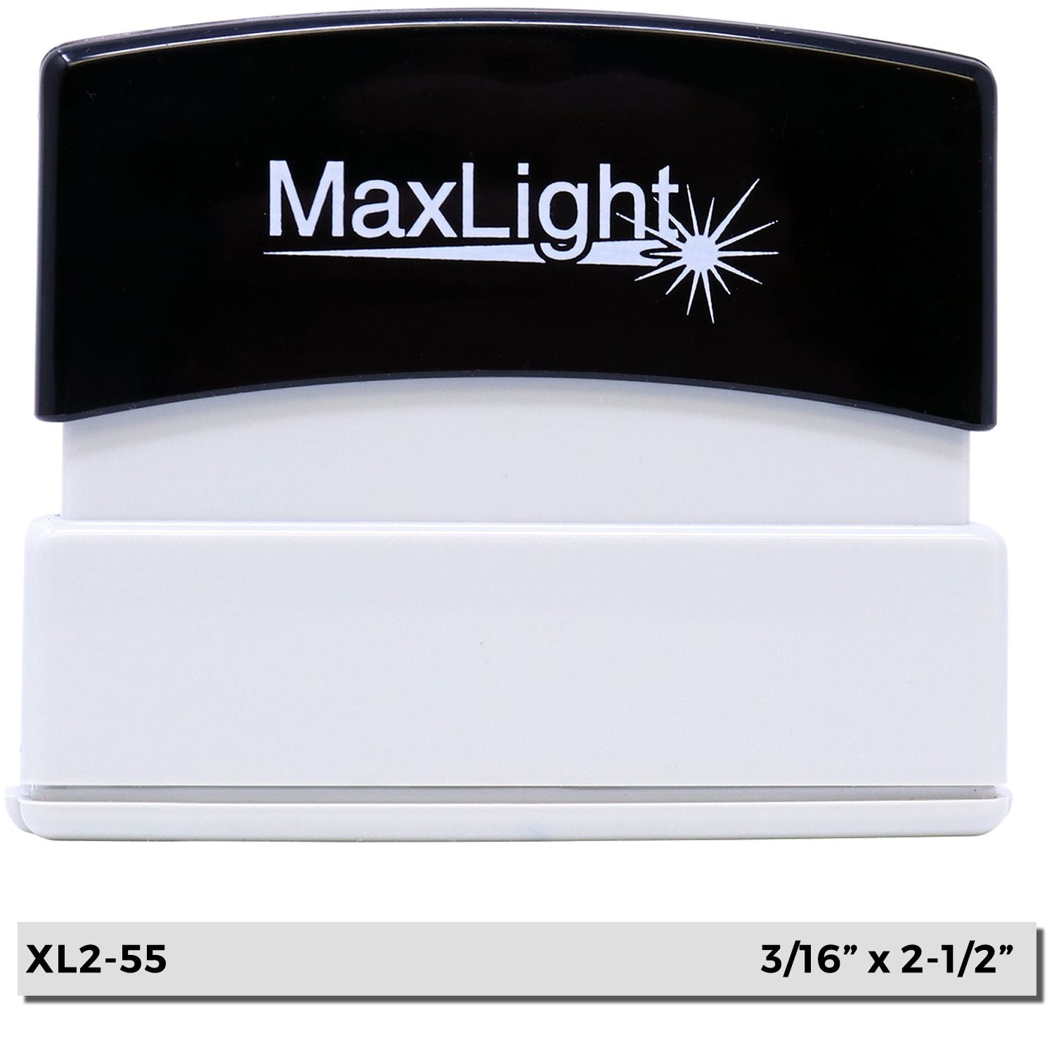 MaxLight XL2-55 Custom Pre-Inked Business Stamp 3/16 x 2-1/2, black and white, with product dimensions shown at the bottom.