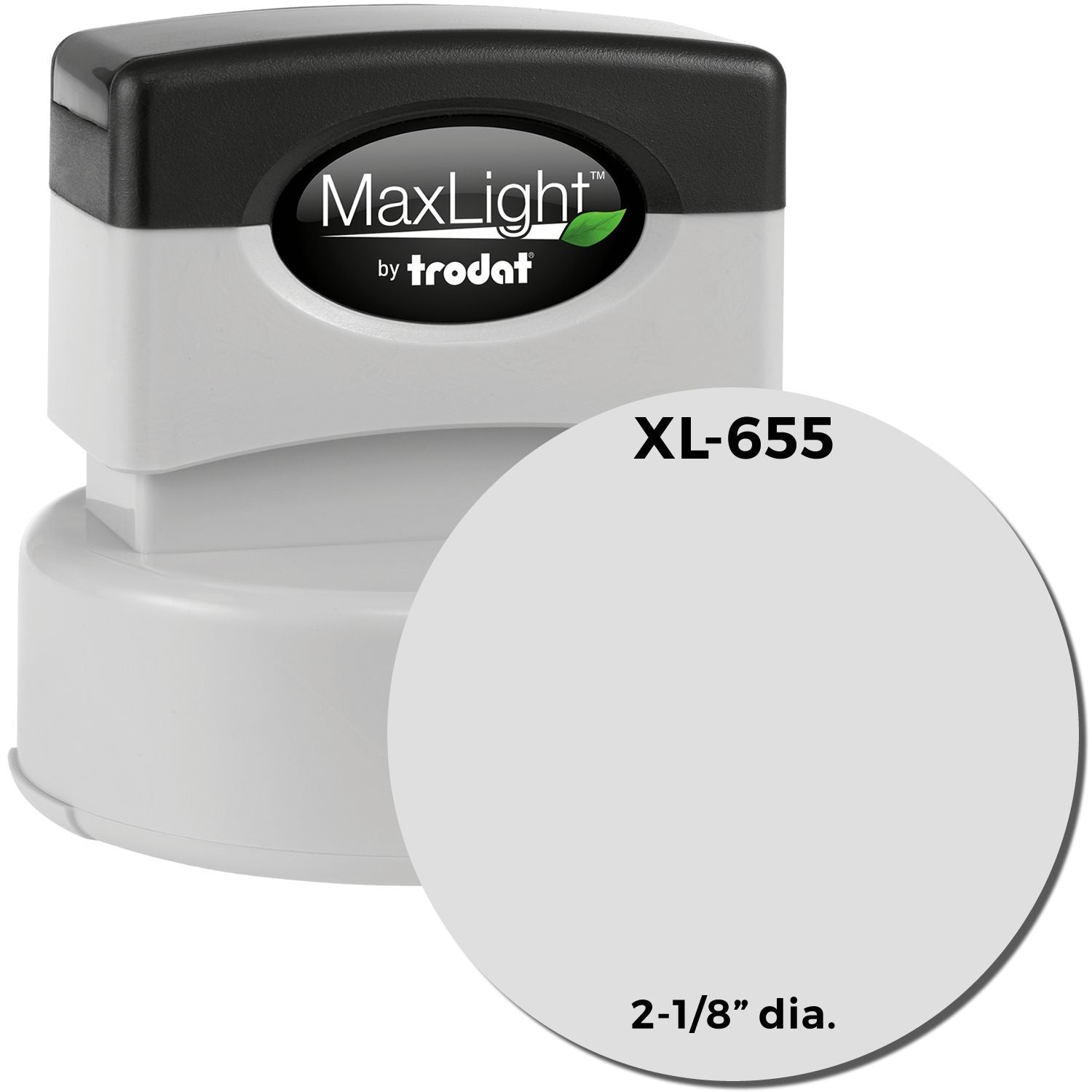 MaxLight XL2-655 Custom Pre-Inked Business Stamp 2 Diameter, white and black, with a round imprint area and XL-655 label.