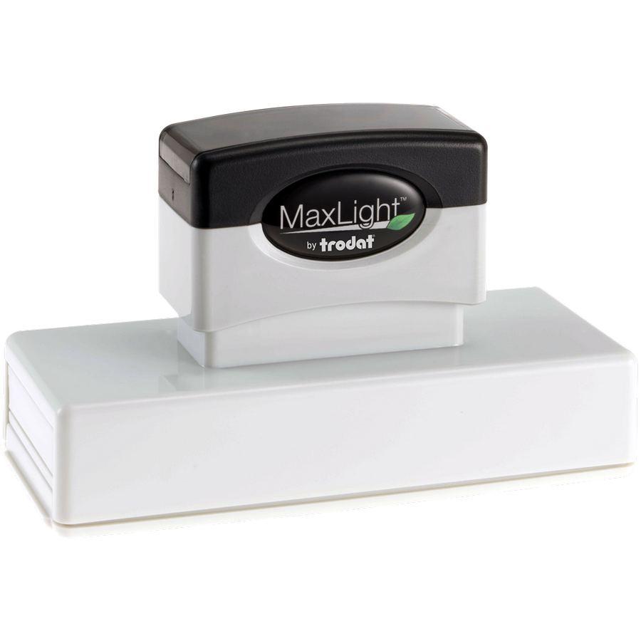 MaxLight XL2-720 Custom Pre-Inked Business Stamp 1 x 4 with a black handle and white base, designed for clear and professional stamping.