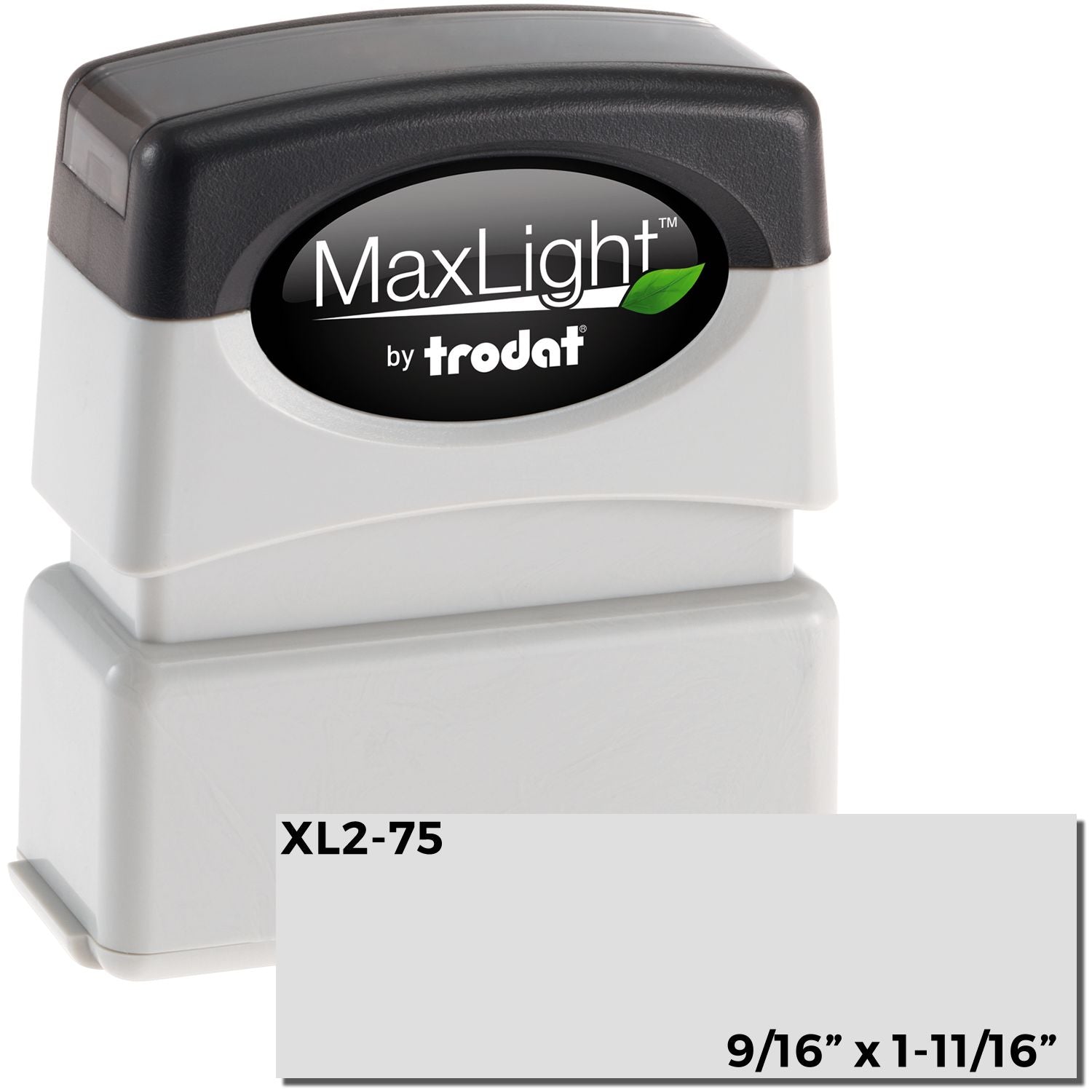 MaxLight XL2-75 Custom Pre-Inked Business Stamp 1/2 x 1-11/16, shown in black and white with a sample imprint size of 9/16 x 1-11/16 .