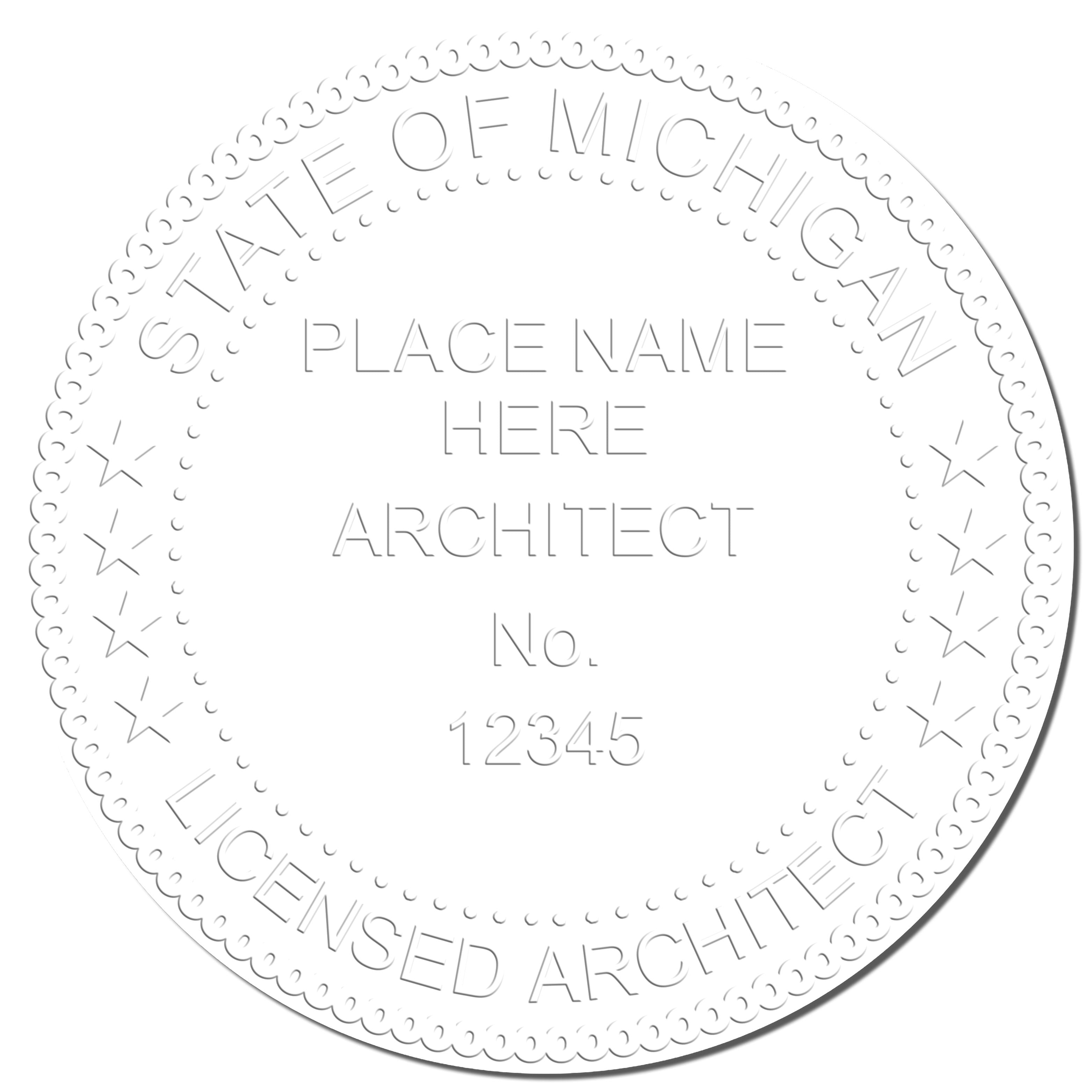 This paper is stamped with a sample imprint of the Heavy Duty Cast Iron Michigan Architect Embosser, signifying its quality and reliability.