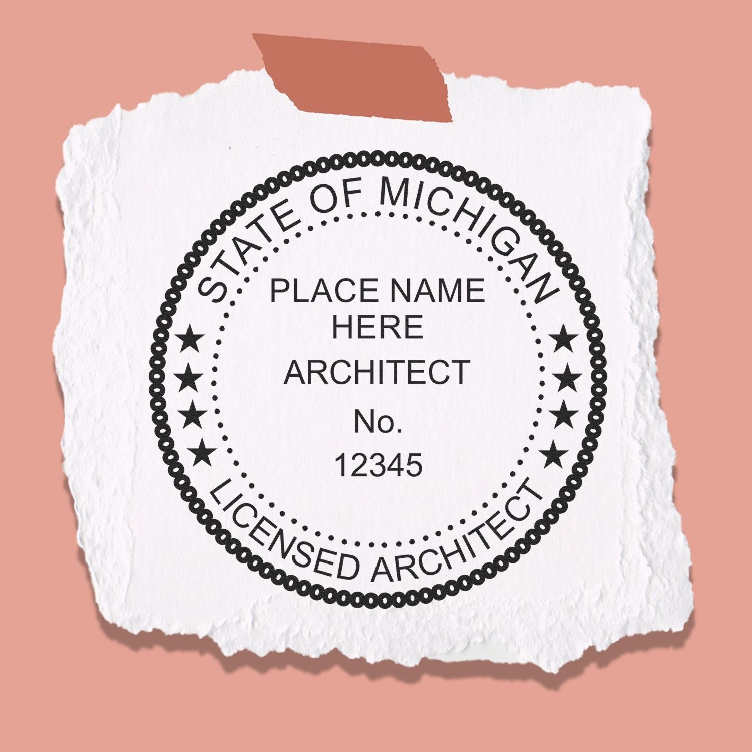 Slim Pre-Inked Michigan Architect Seal Stamp in use photo showing a stamped imprint of the Slim Pre-Inked Michigan Architect Seal Stamp