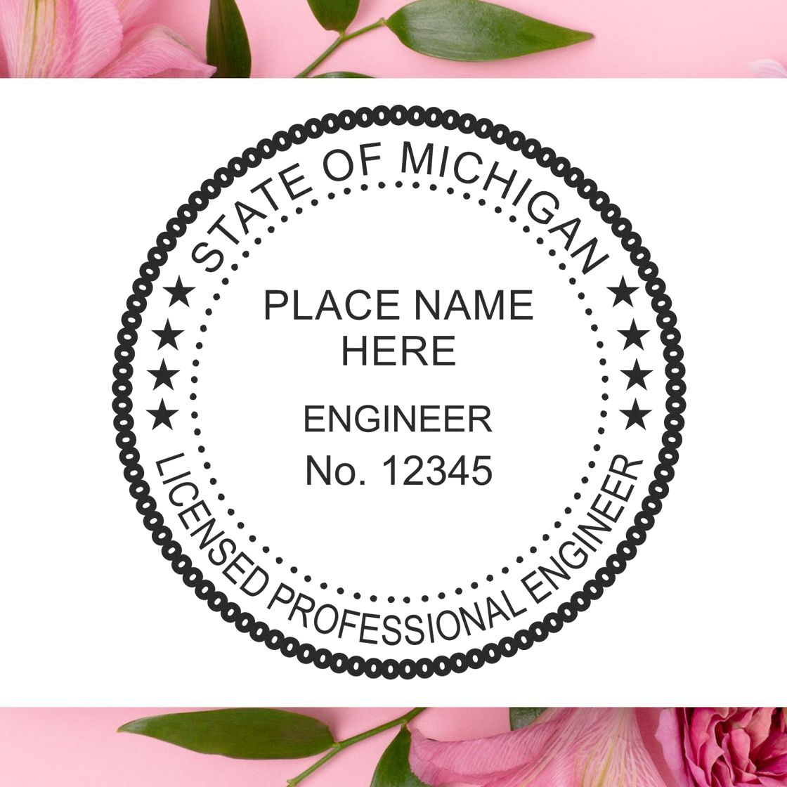 Another Example of a stamped impression of the Michigan Professional Engineer Seal Stamp on a piece of office paper.