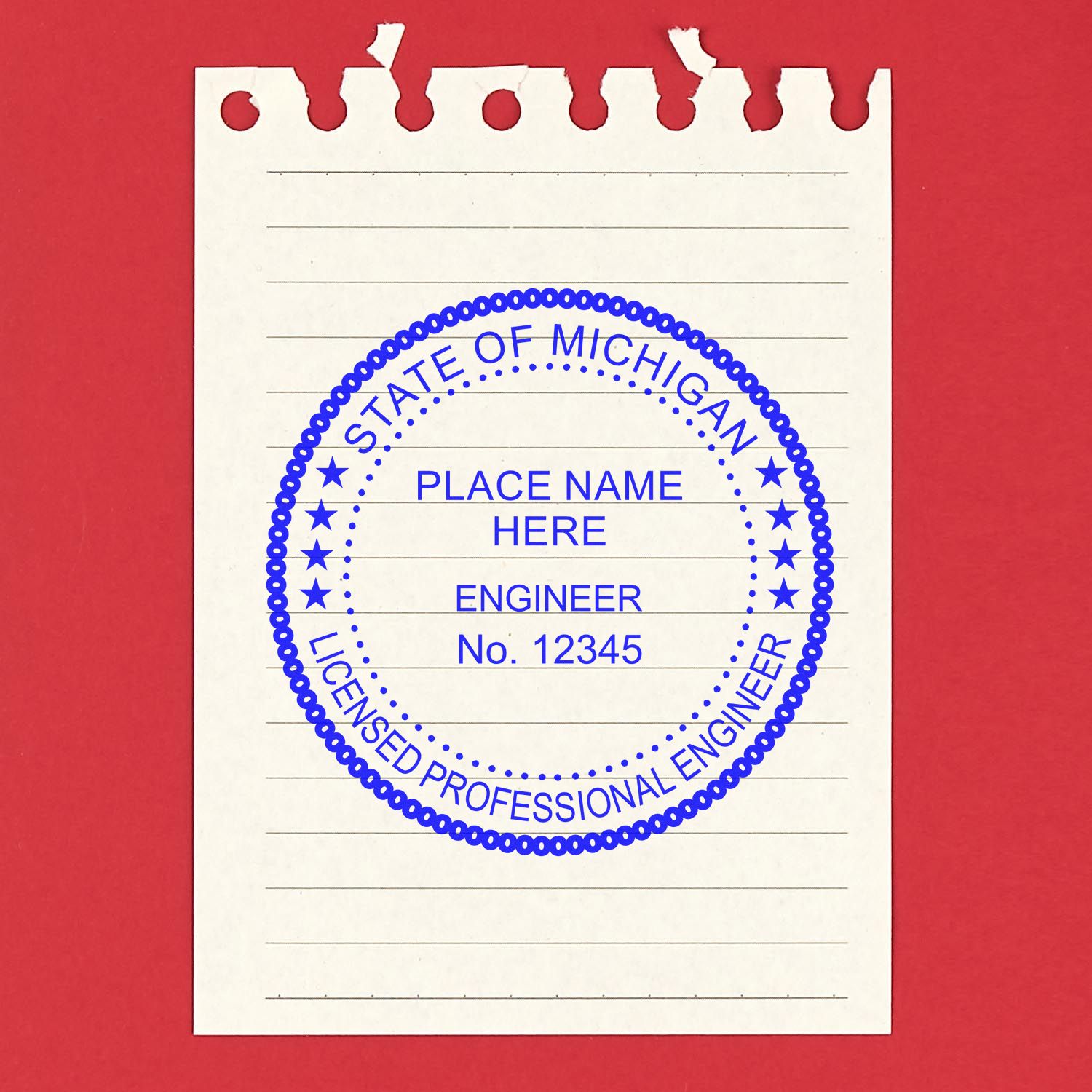 An alternative view of the Michigan Professional Engineer Seal Stamp stamped on a sheet of paper showing the image in use