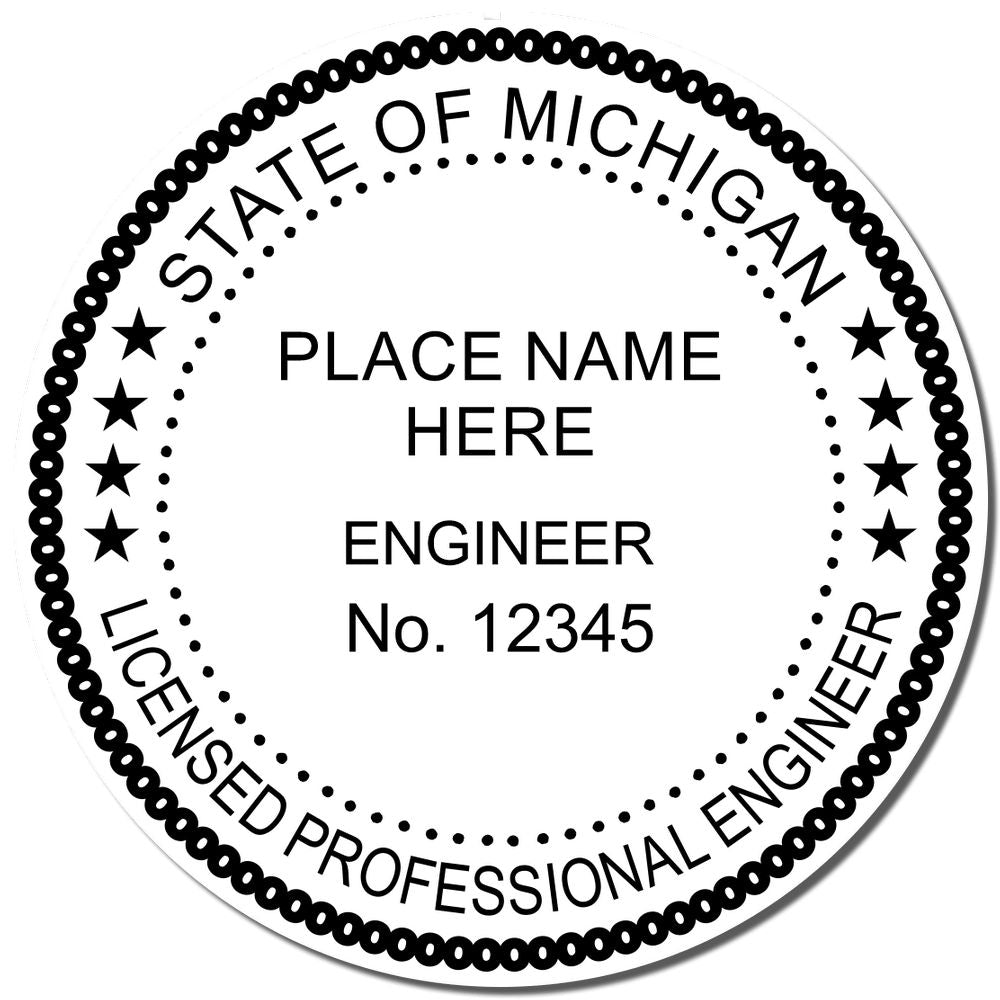 Michigan Professional Engineer Seal Stamp in use photo showing a stamped imprint of the Michigan Professional Engineer Seal Stamp