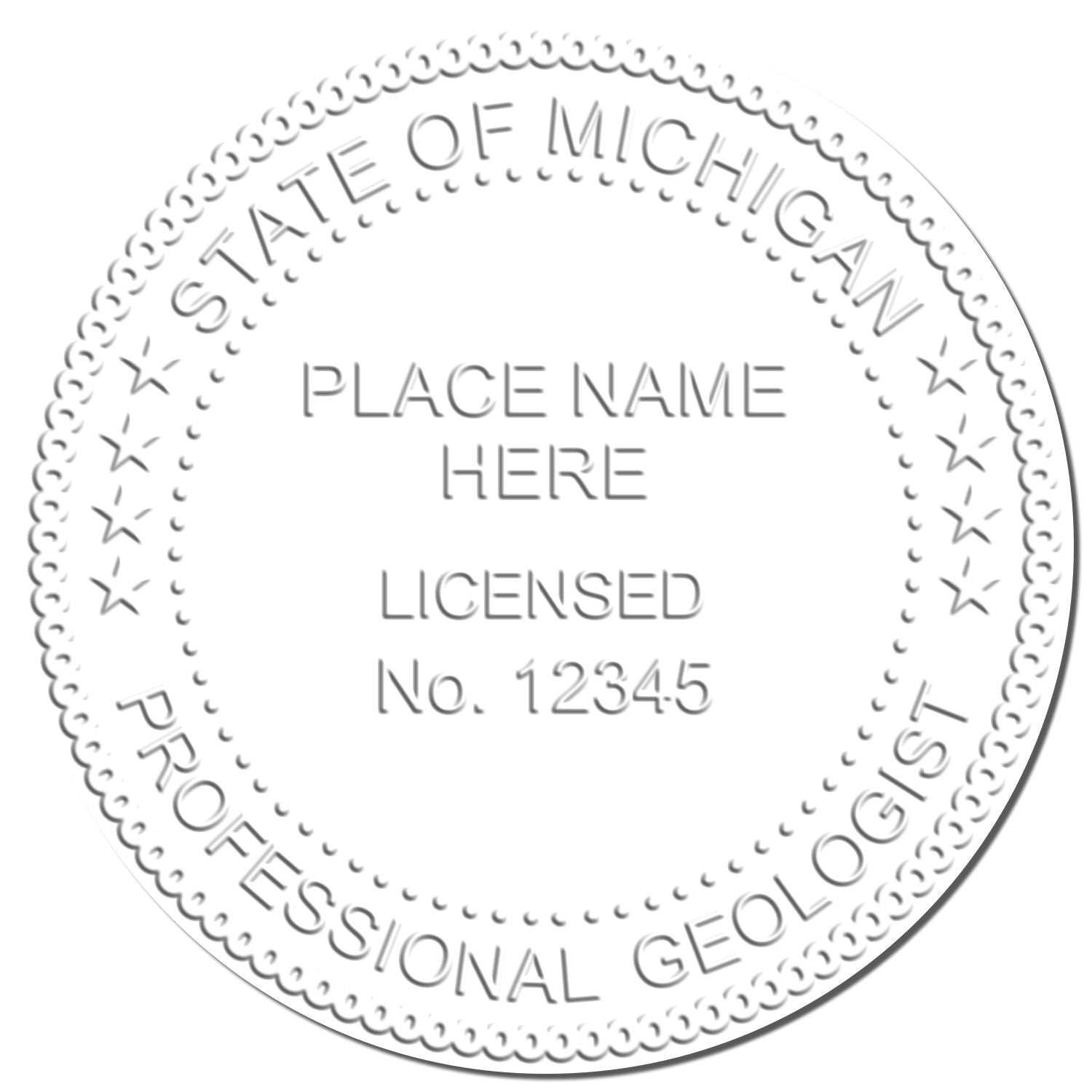 The Michigan Geologist Desk Seal stamp impression comes to life with a crisp, detailed image stamped on paper - showcasing true professional quality.