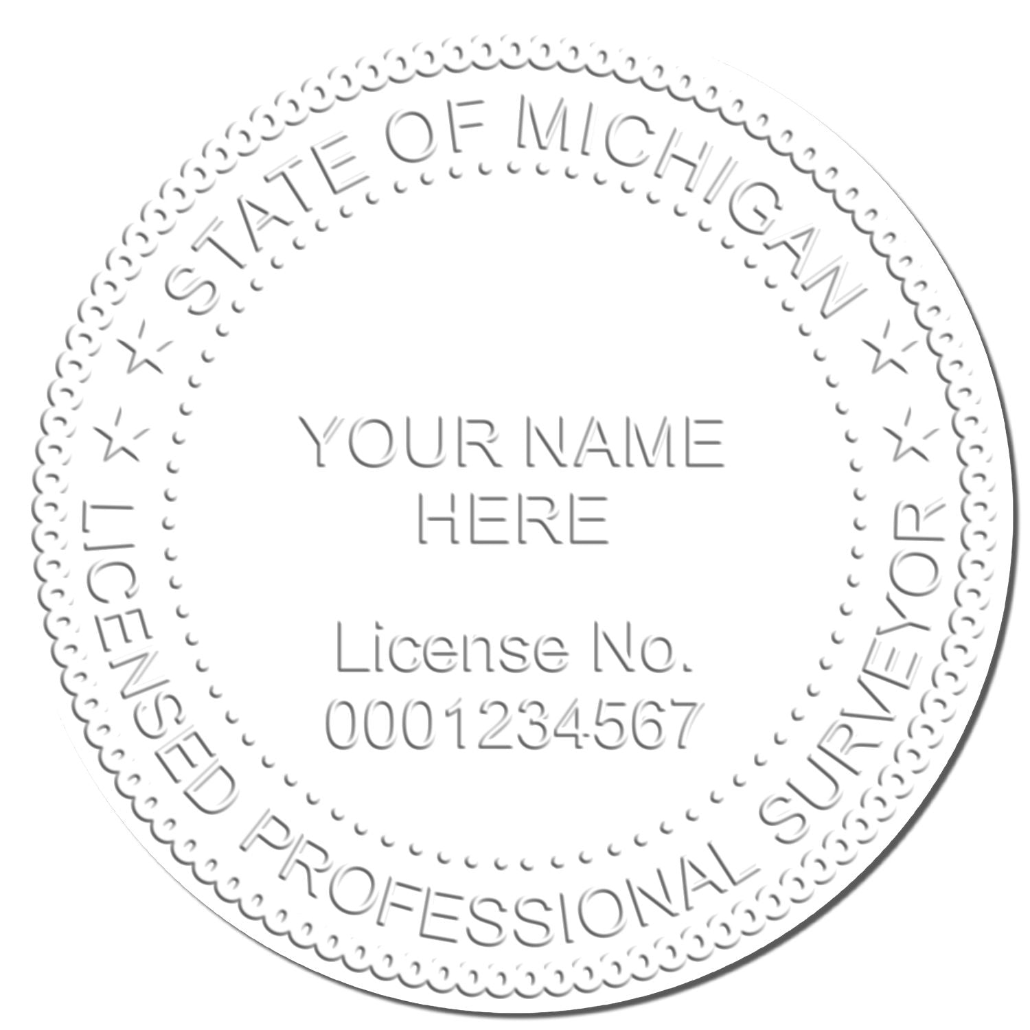 This paper is stamped with a sample imprint of the Extended Long Reach Michigan Surveyor Embosser, signifying its quality and reliability.