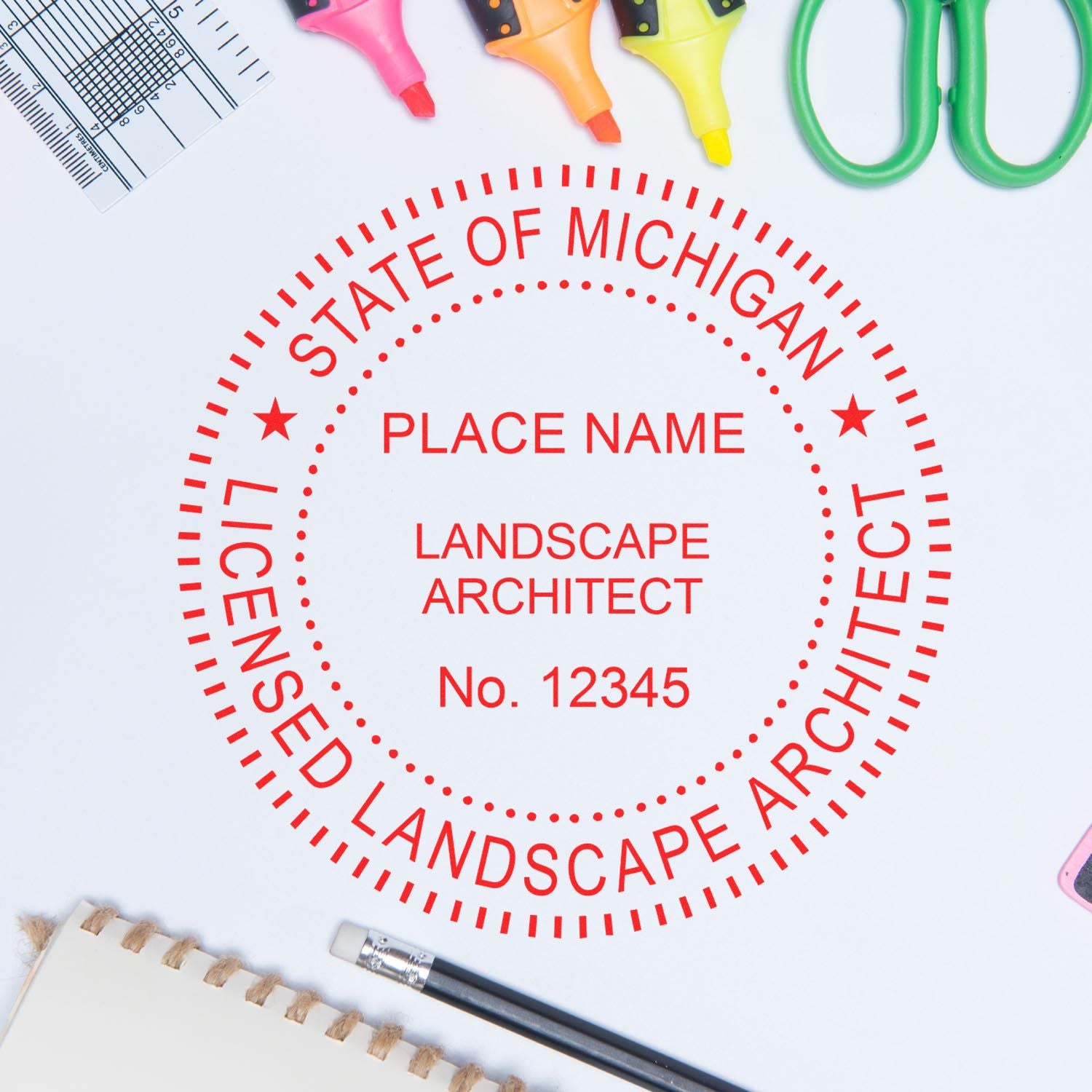A photograph of the Digital Michigan Landscape Architect Stamp stamp impression reveals a vivid, professional image of the on paper.