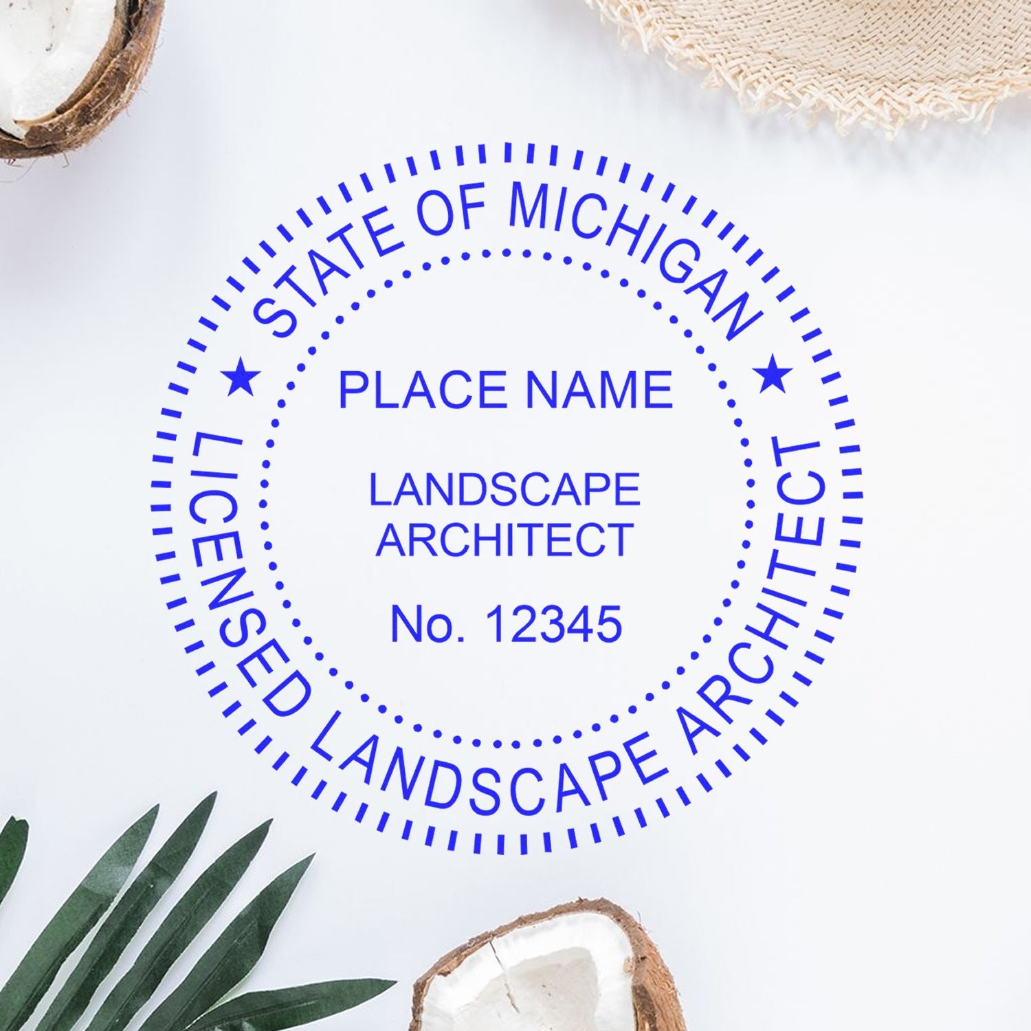 This paper is stamped with a sample imprint of the Self-Inking Michigan Landscape Architect Stamp, signifying its quality and reliability.