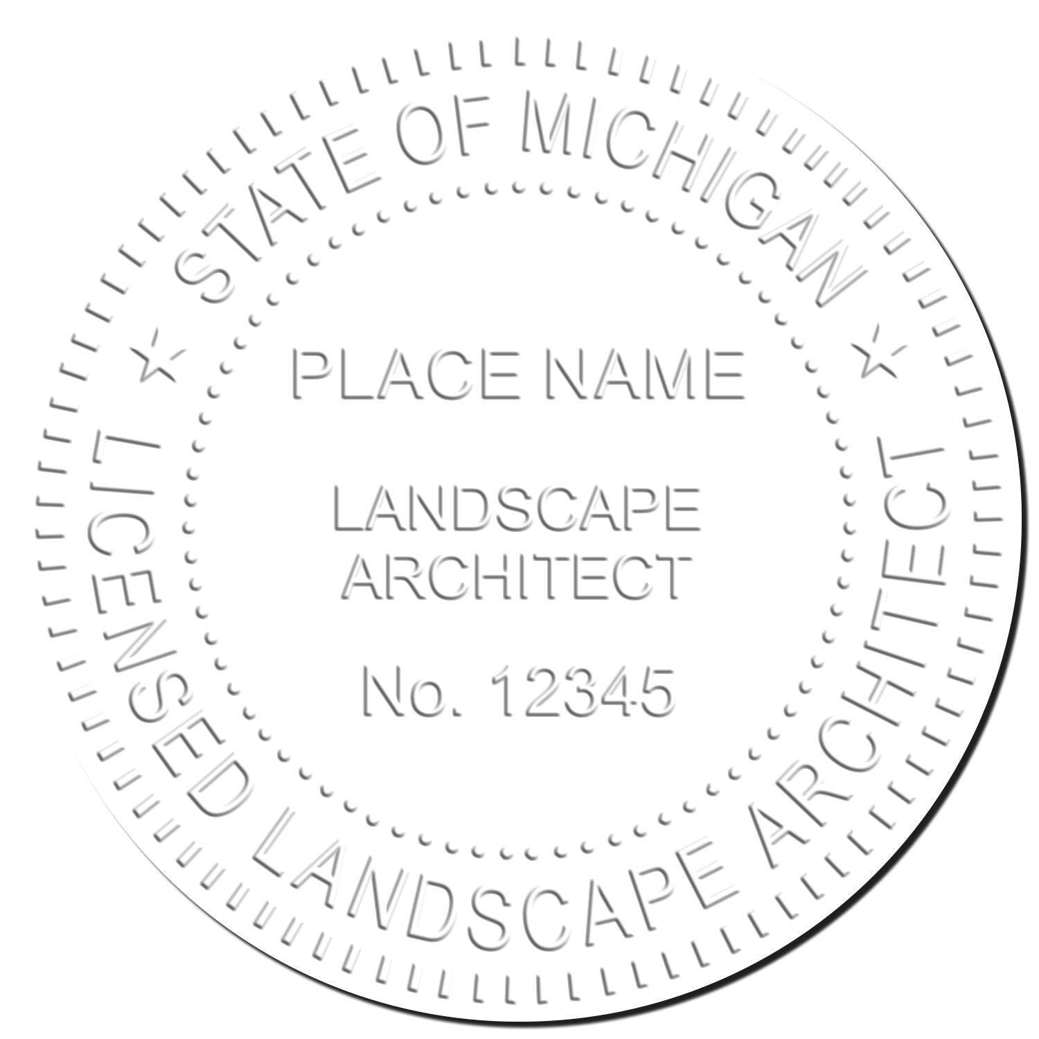 This paper is stamped with a sample imprint of the Michigan Long Reach Landscape Architect Embossing Stamp, signifying its quality and reliability.