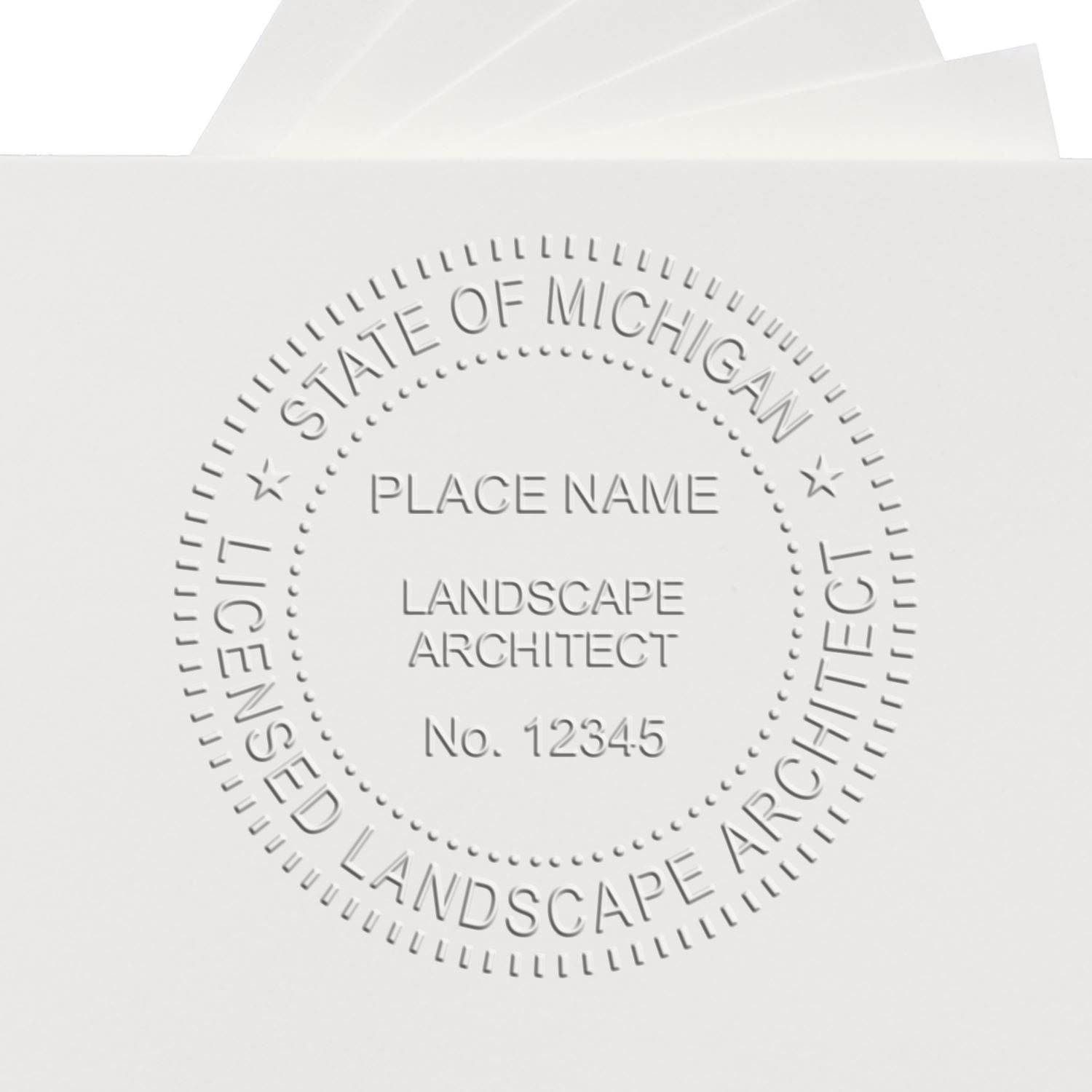 A photograph of the Michigan Long Reach Landscape Architect Embossing Stamp stamp impression reveals a vivid, professional image of the on paper.