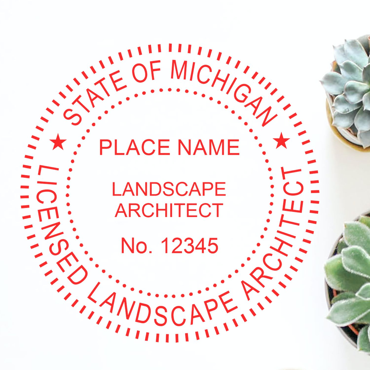 The Slim Pre-Inked Michigan Landscape Architect Seal Stamp stamp impression comes to life with a crisp, detailed photo on paper - showcasing true professional quality.