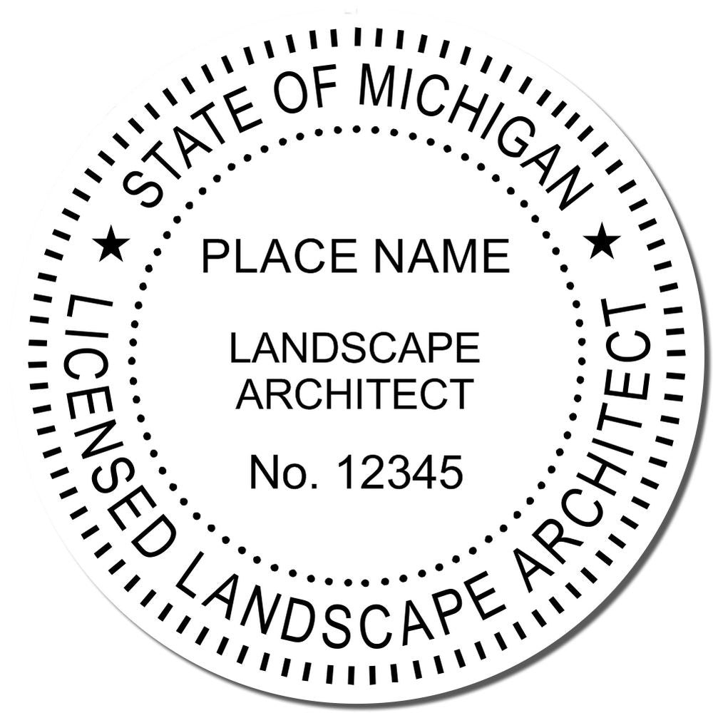 An alternative view of the Digital Michigan Landscape Architect Stamp stamped on a sheet of paper showing the image in use
