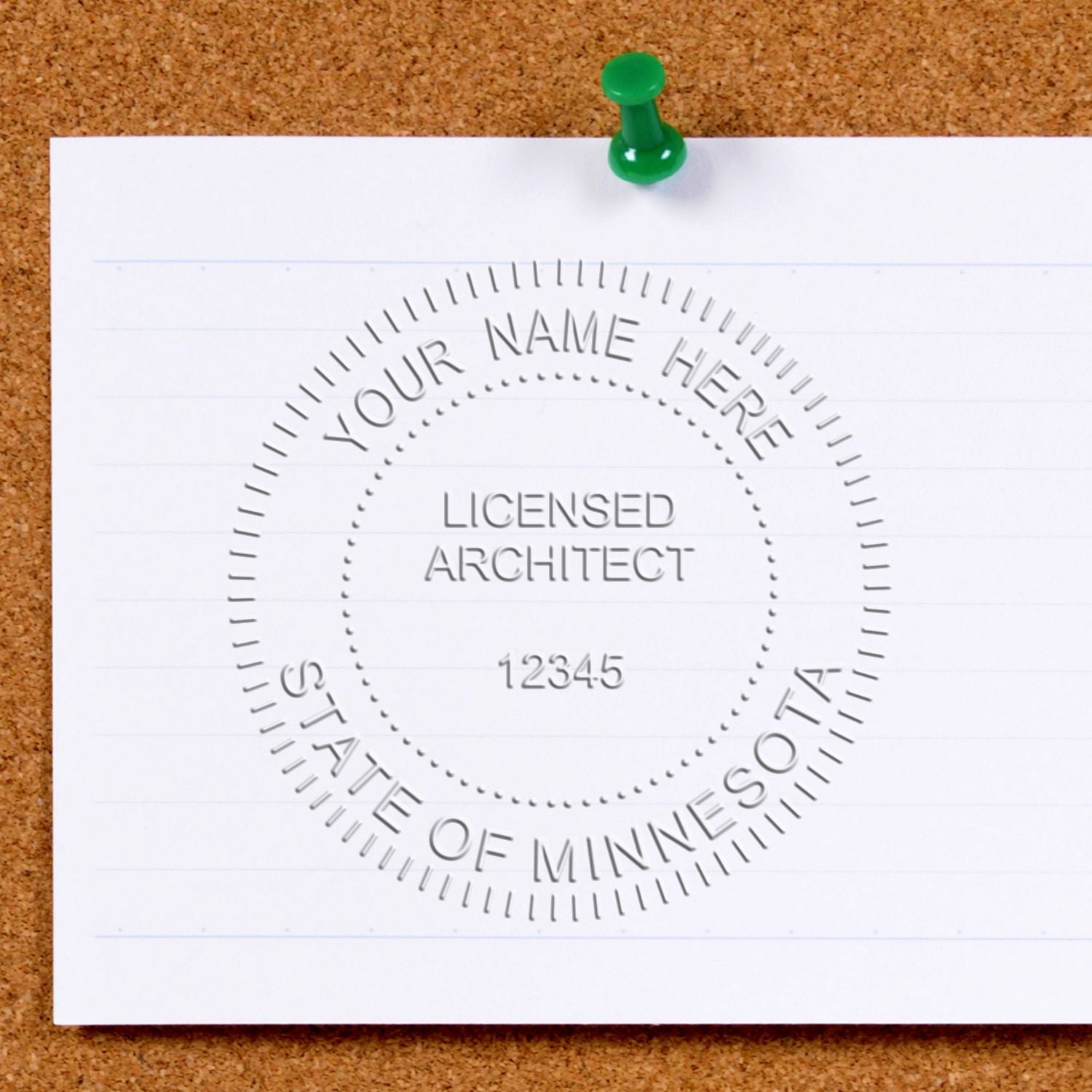An alternative view of the Hybrid Minnesota Architect Seal stamped on a sheet of paper showing the image in use