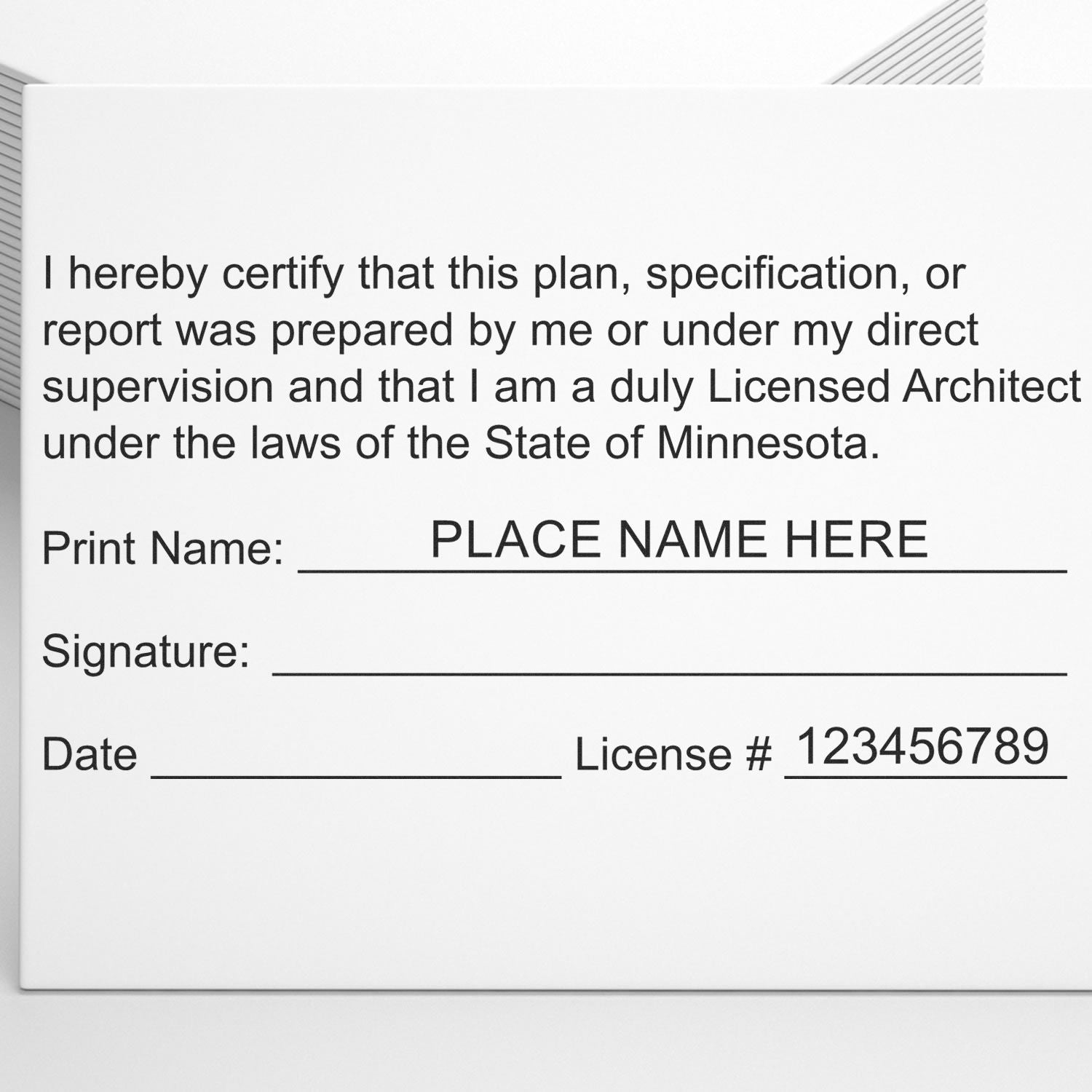 Minnesota Architect Seal Stamp on a certification document with spaces for name, signature, date, and license number.