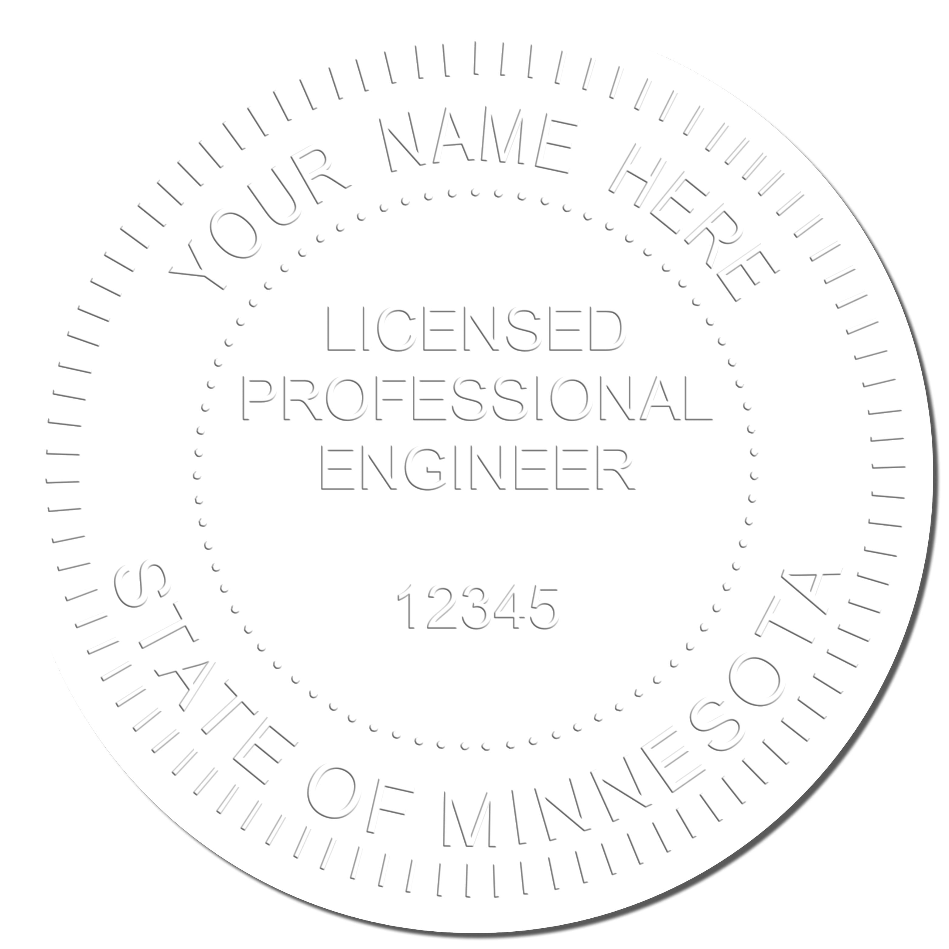 A photograph of the Handheld Minnesota Professional Engineer Embosser stamp impression reveals a vivid, professional image of the on paper.