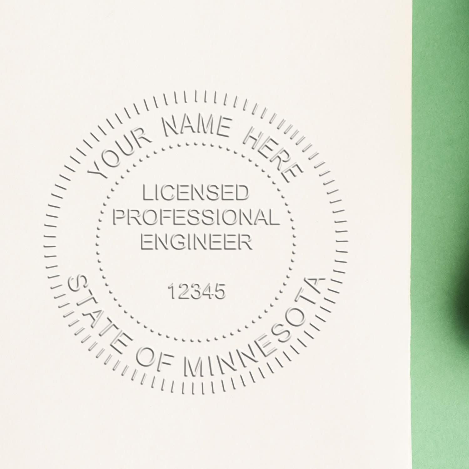 The State of Minnesota Extended Long Reach Engineer Seal stamp impression comes to life with a crisp, detailed photo on paper - showcasing true professional quality.