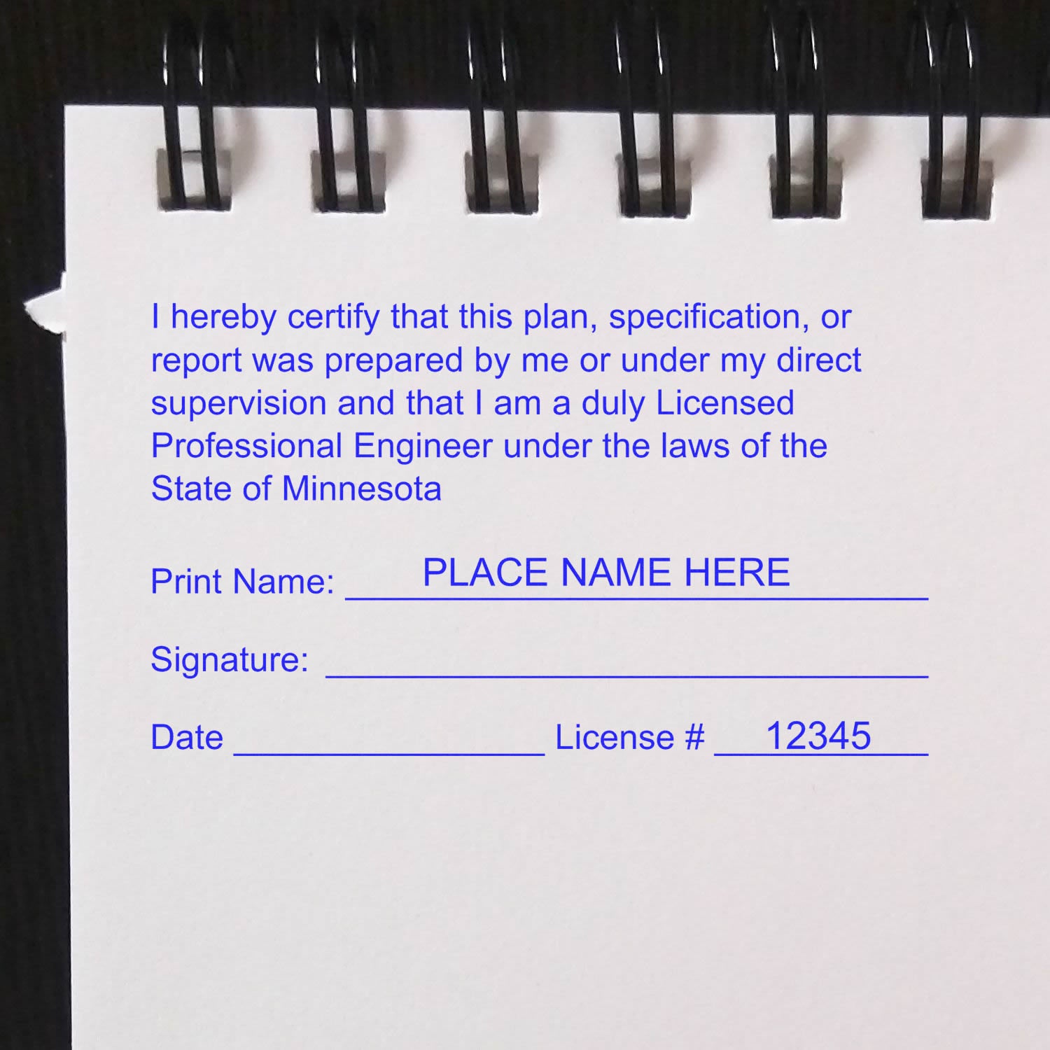 This paper is stamped with a sample imprint of the Digital Minnesota PE Stamp and Electronic Seal for Minnesota Engineer, signifying its quality and reliability.