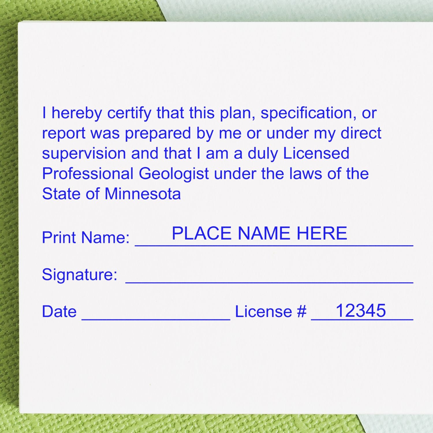 An alternative view of the Digital Minnesota Geologist Stamp, Electronic Seal for Minnesota Geologist stamped on a sheet of paper showing the image in use