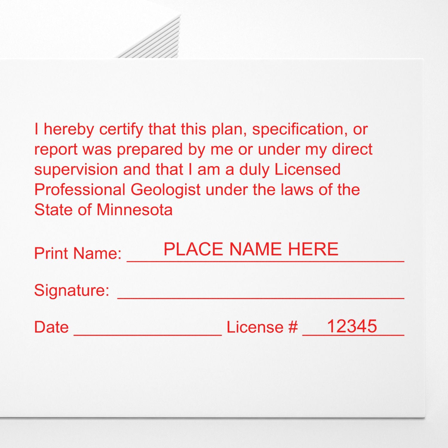 An in use photo of the Digital Minnesota Geologist Stamp, Electronic Seal for Minnesota Geologist showing a sample imprint on a cardstock