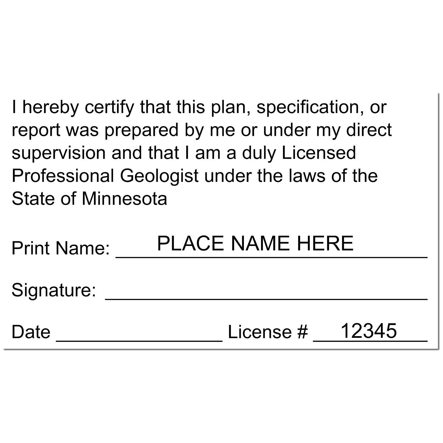 This paper is stamped with a sample imprint of the Minnesota Professional Geologist Seal Stamp, signifying its quality and reliability.