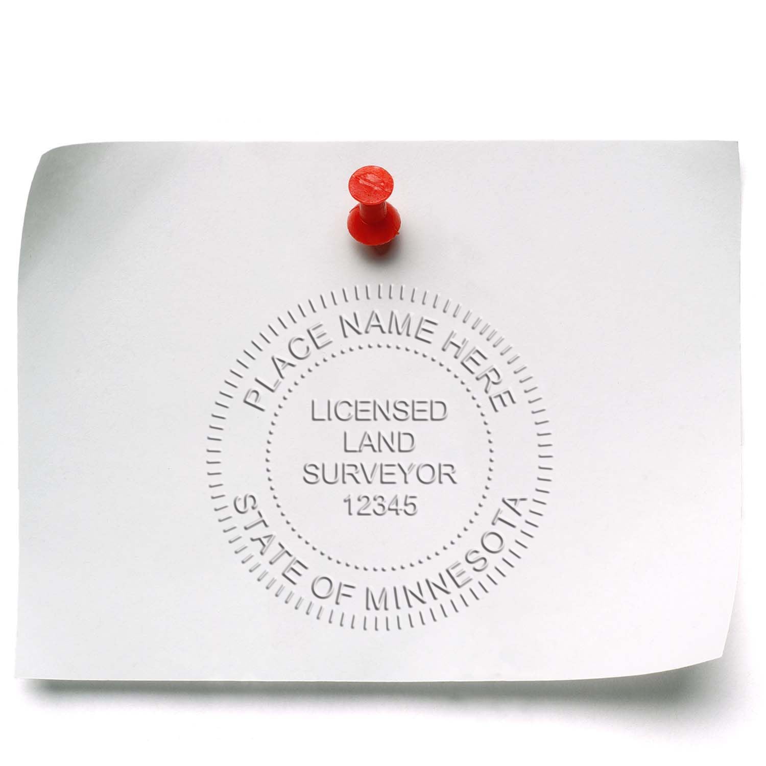 A photograph of the Minnesota Desk Surveyor Seal Embosser stamp impression reveals a vivid, professional image of the on paper.