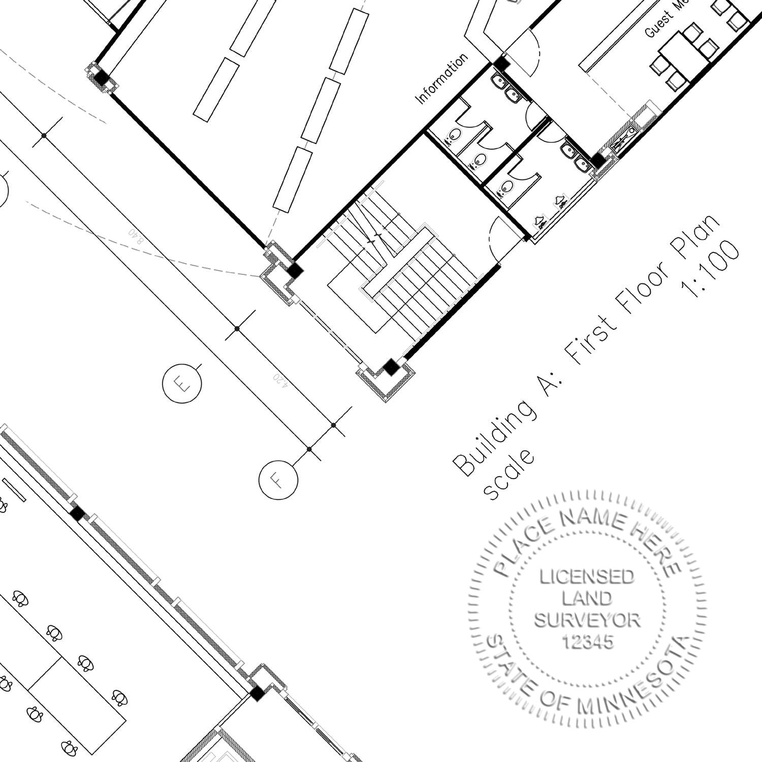 Long Reach Minnesota Land Surveyor Seal in use photo showing a stamped imprint of the Long Reach Minnesota Land Surveyor Seal