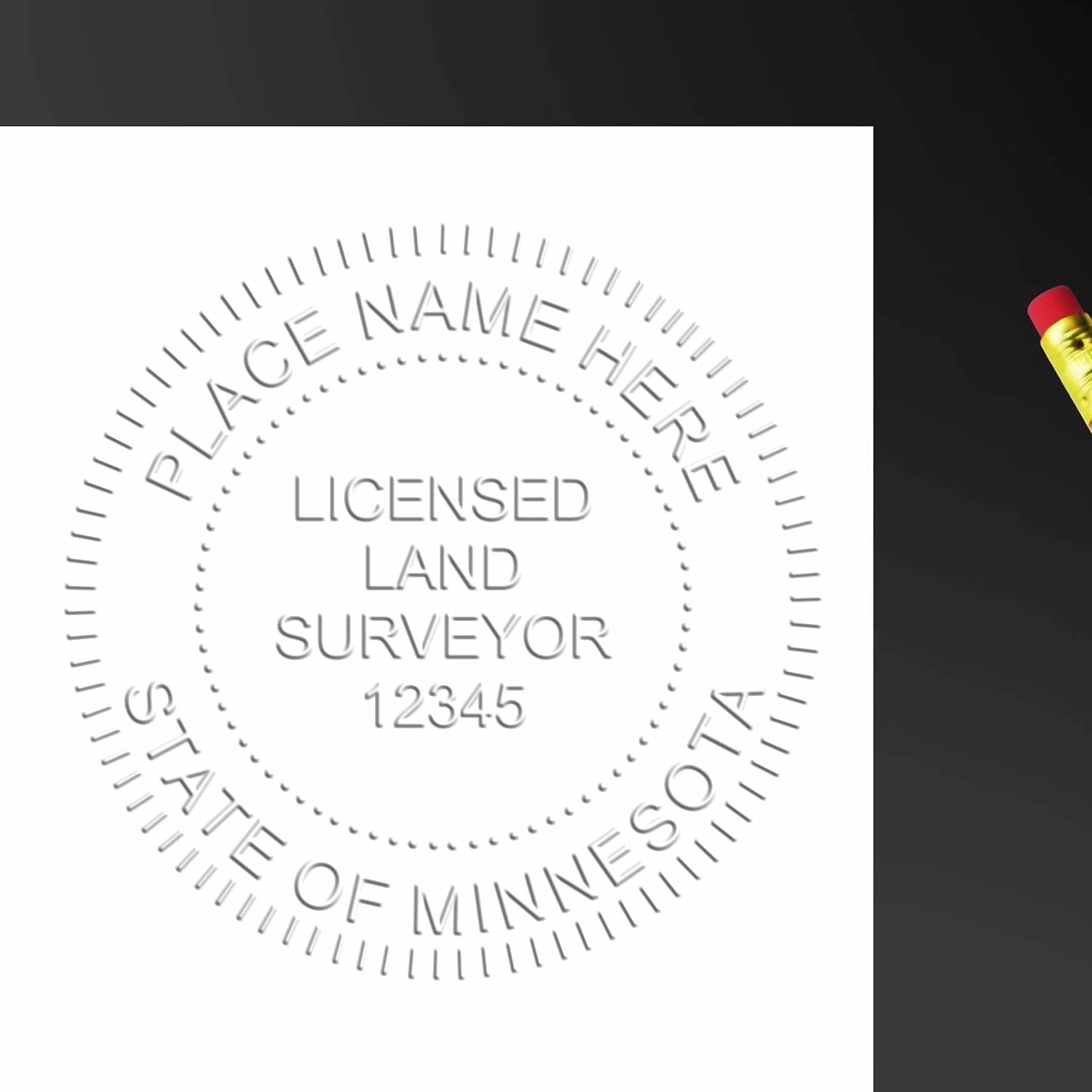 Another Example of a stamped impression of the Heavy Duty Cast Iron Minnesota Land Surveyor Seal Embosser on a piece of office paper.