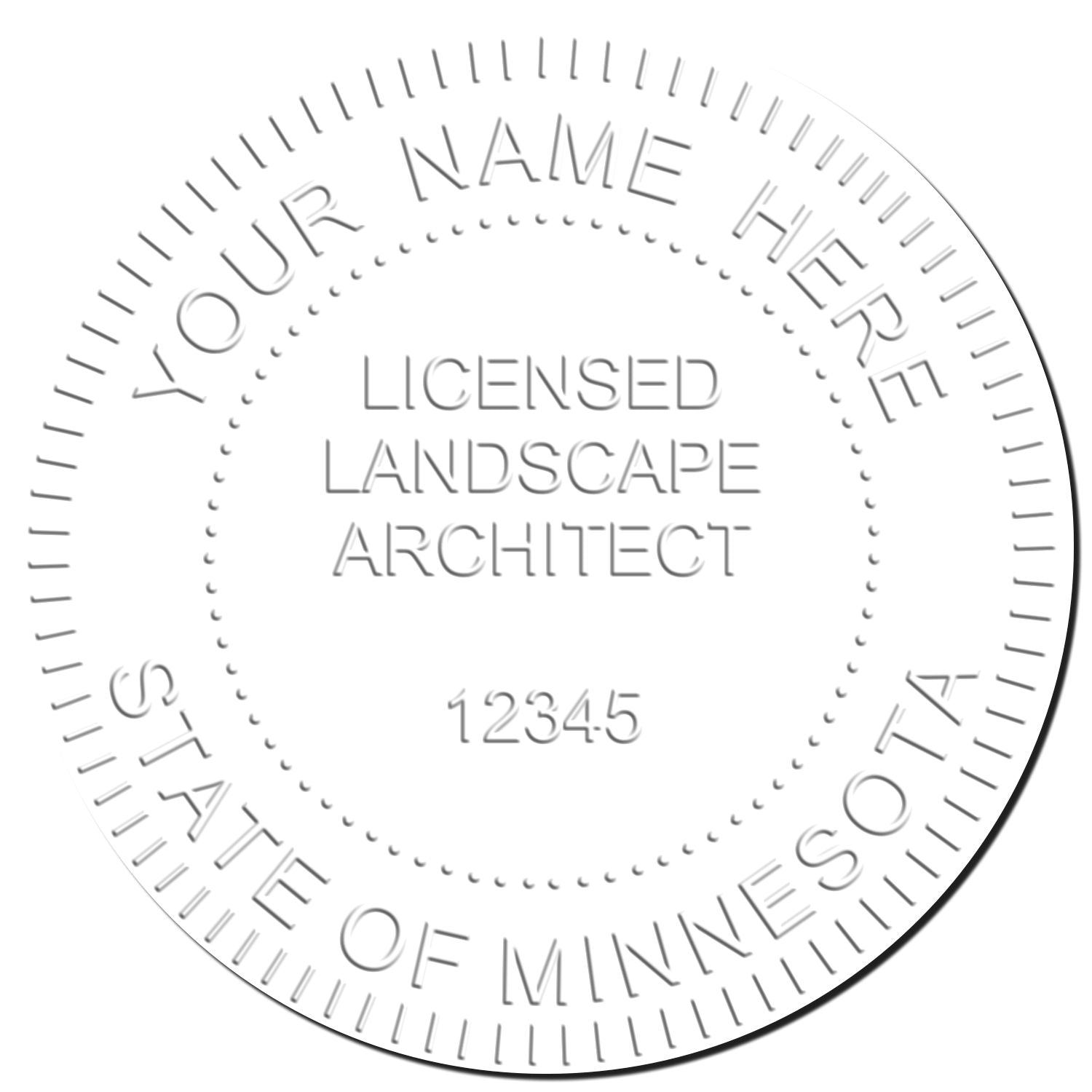 This paper is stamped with a sample imprint of the Minnesota Long Reach Landscape Architect Embossing Stamp, signifying its quality and reliability.
