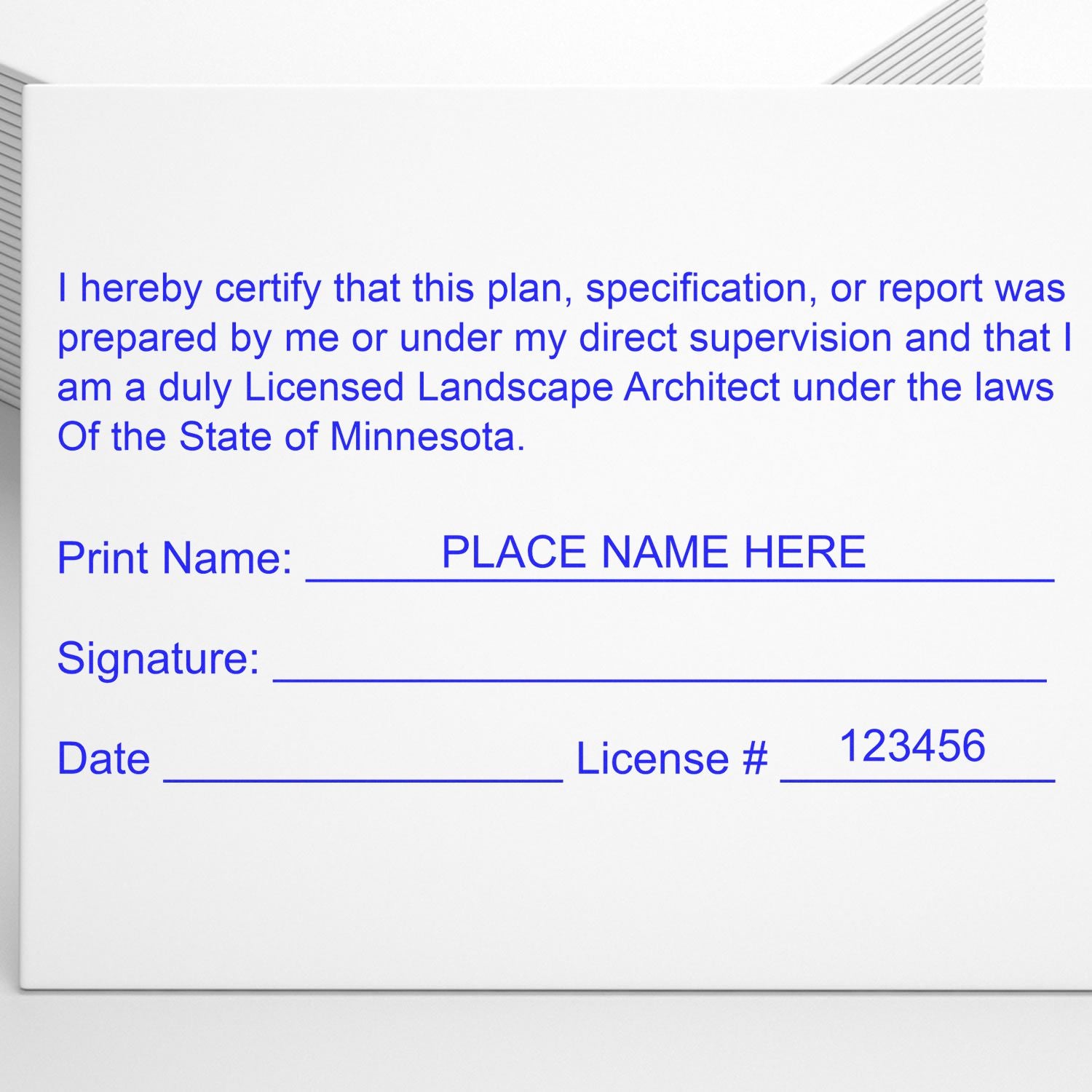The Slim Pre-Inked Minnesota Landscape Architect Seal Stamp stamp impression comes to life with a crisp, detailed photo on paper - showcasing true professional quality.