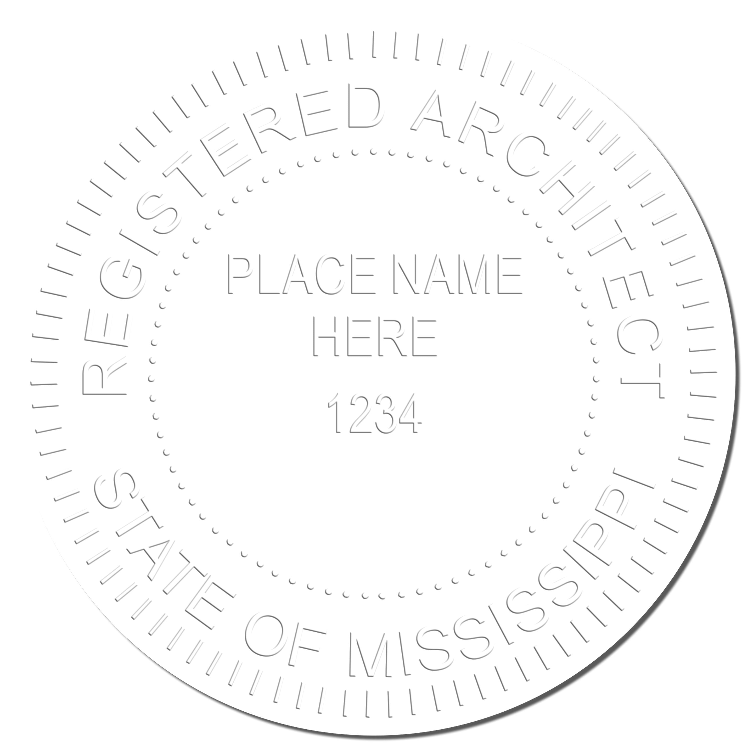 This paper is stamped with a sample imprint of the Heavy Duty Cast Iron Mississippi Architect Embosser, signifying its quality and reliability.