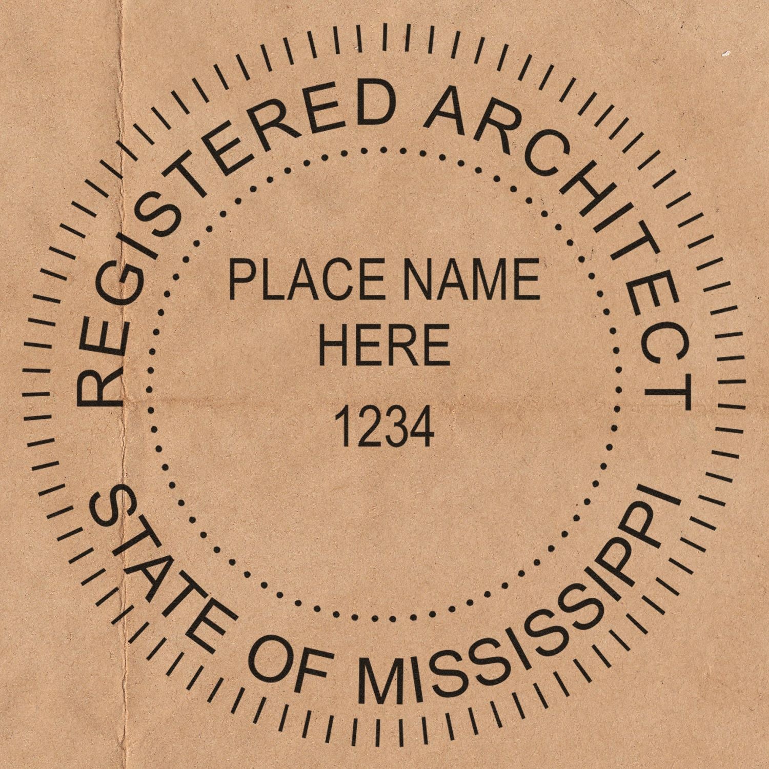 Mississippi Architect Seal Stamp on brown paper, displaying Registered Architect, State of Mississippi with placeholders for name and number.