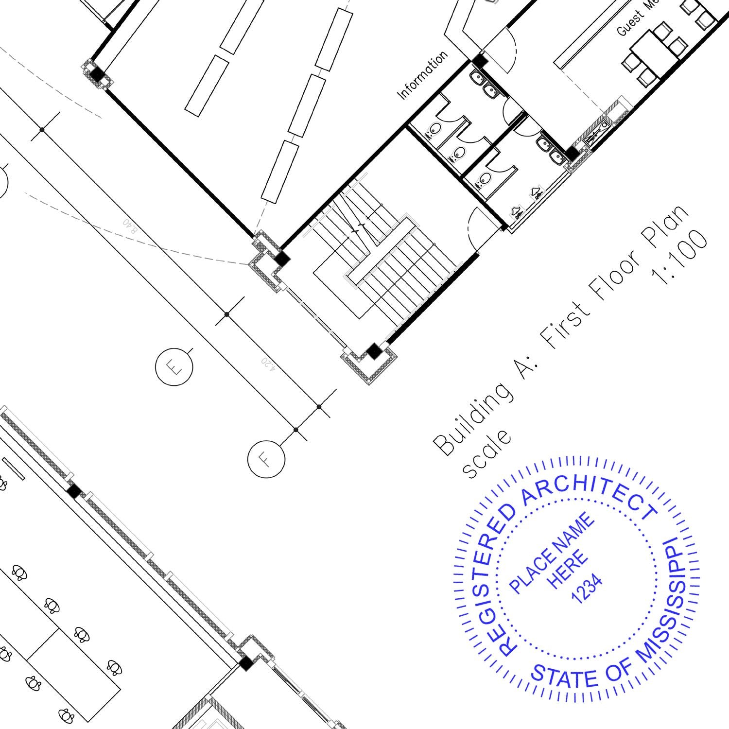 Mississippi Architect Seal Stamp on a detailed architectural floor plan with the text REGISTERED ARCHITECT STATE OF MISSISSIPPI.