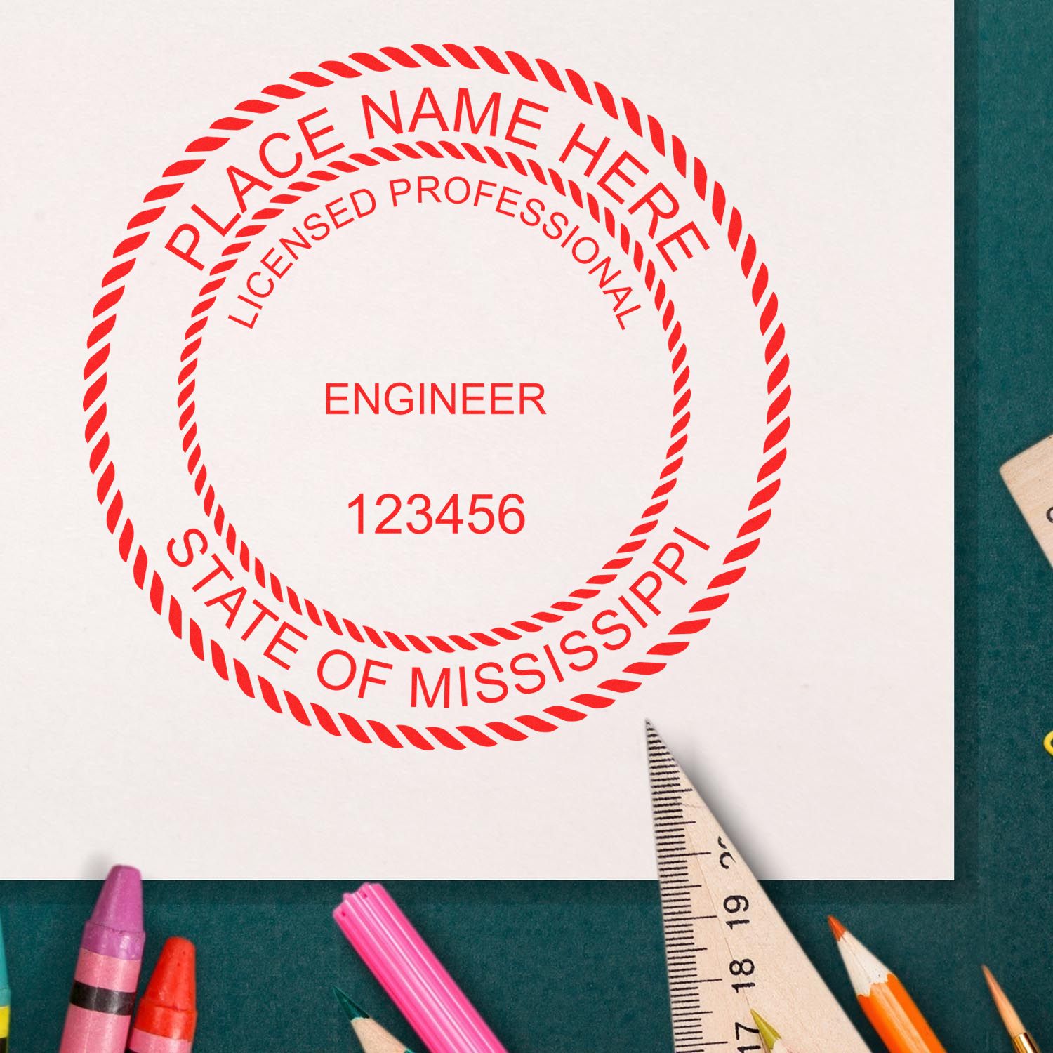 A photograph of the Slim Pre-Inked Mississippi Professional Engineer Seal Stamp stamp impression reveals a vivid, professional image of the on paper.