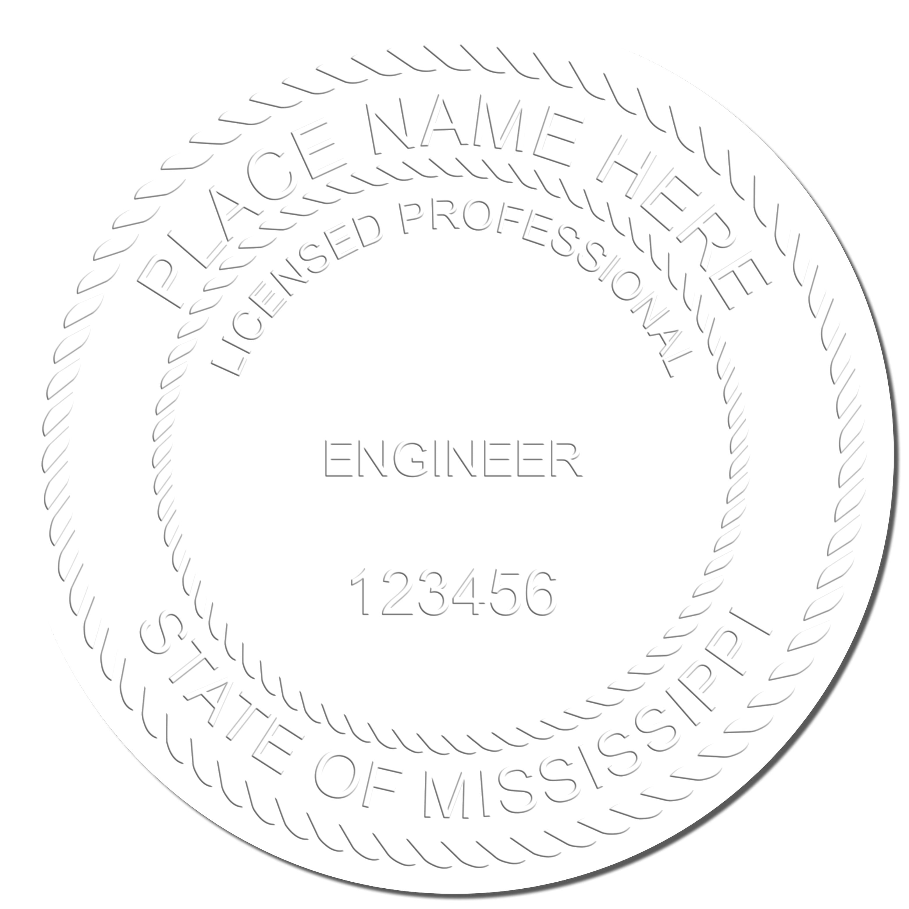 A photograph of the Handheld Mississippi Professional Engineer Embosser stamp impression reveals a vivid, professional image of the on paper.