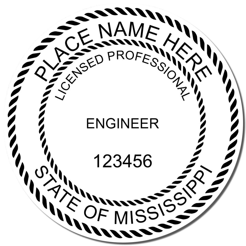 Mississippi Professional Engineer Seal Stamp in use photo showing a stamped imprint of the Mississippi Professional Engineer Seal Stamp