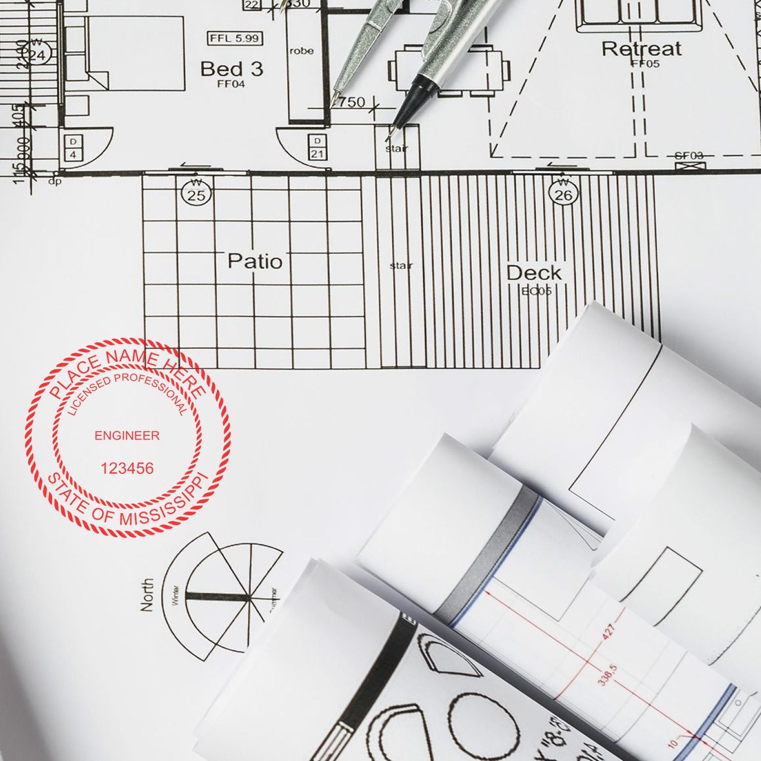 This paper is stamped with a sample imprint of the Digital Mississippi PE Stamp and Electronic Seal for Mississippi Engineer, signifying its quality and reliability.