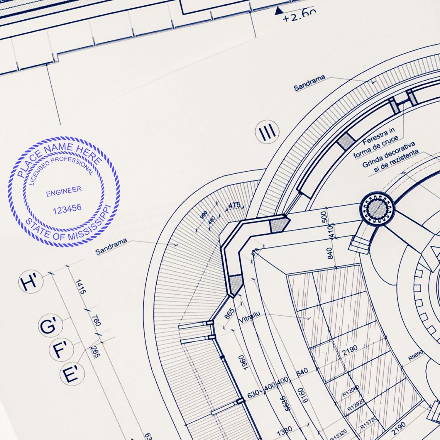 Another Example of a stamped impression of the Premium MaxLight Pre-Inked Mississippi Engineering Stamp on a piece of office paper.