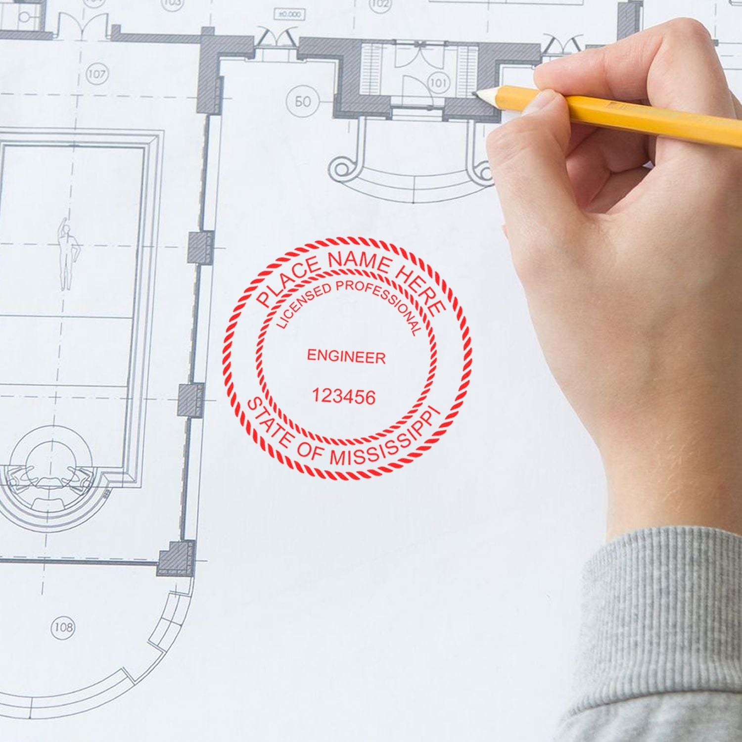 Another Example of a stamped impression of the Digital Mississippi PE Stamp and Electronic Seal for Mississippi Engineer on a piece of office paper.