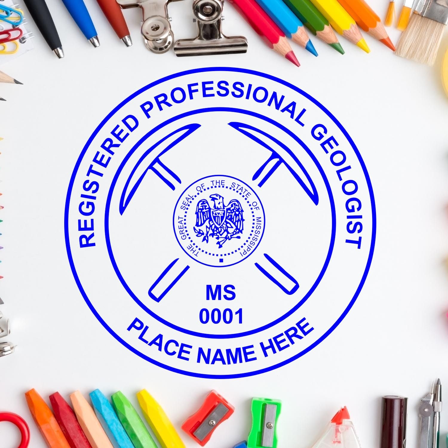 A stamped imprint of the Mississippi Professional Geologist Seal Stamp in this stylish lifestyle photo, setting the tone for a unique and personalized product.