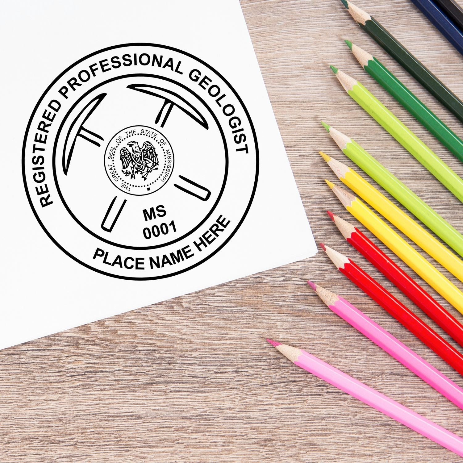 The Mississippi Professional Geologist Seal Stamp stamp impression comes to life with a crisp, detailed image stamped on paper - showcasing true professional quality.