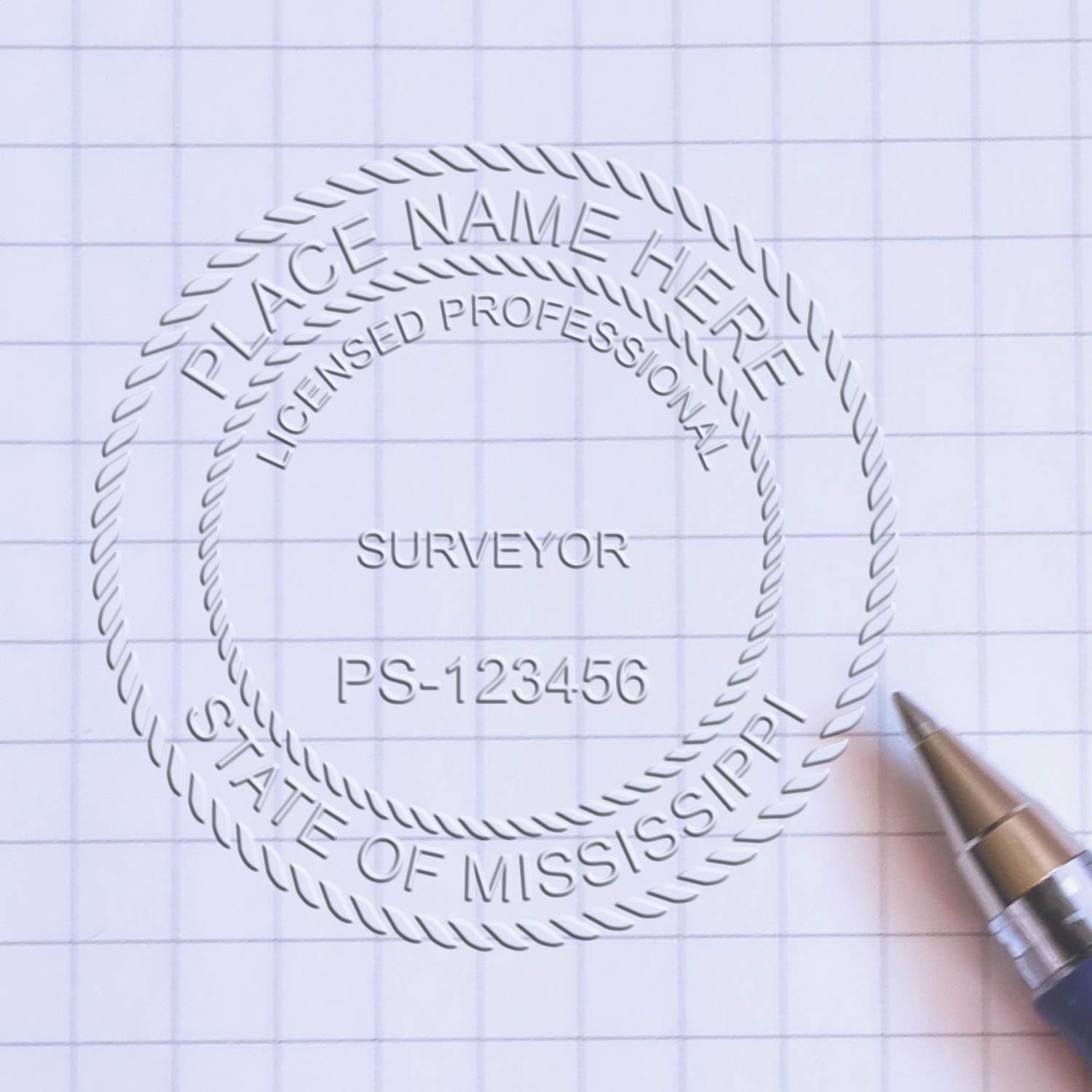 Another Example of a stamped impression of the Heavy Duty Cast Iron Mississippi Land Surveyor Seal Embosser on a piece of office paper.