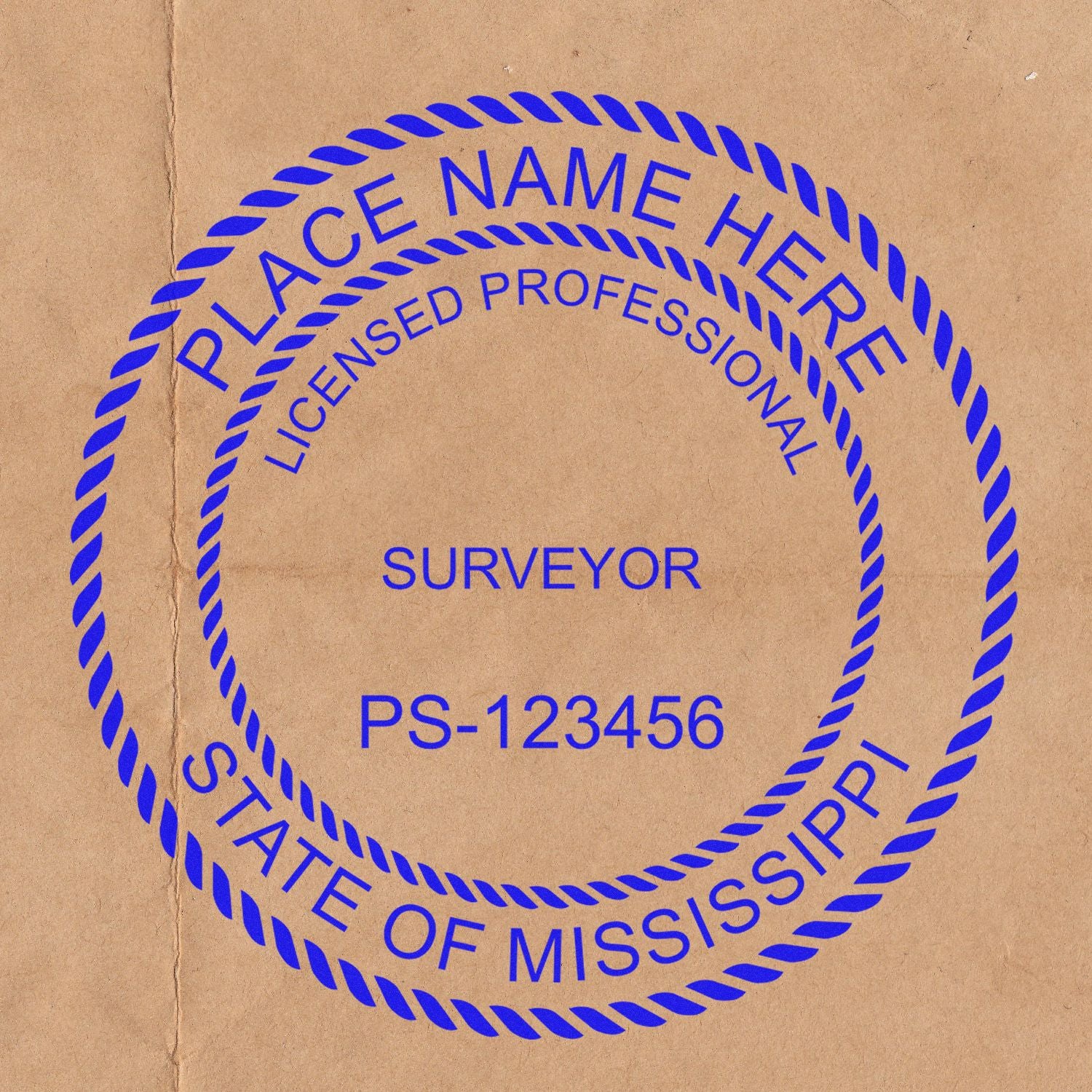 Self Inking Mississippi Land Surveyor Stamp with customizable text, blue ink on brown paper background.