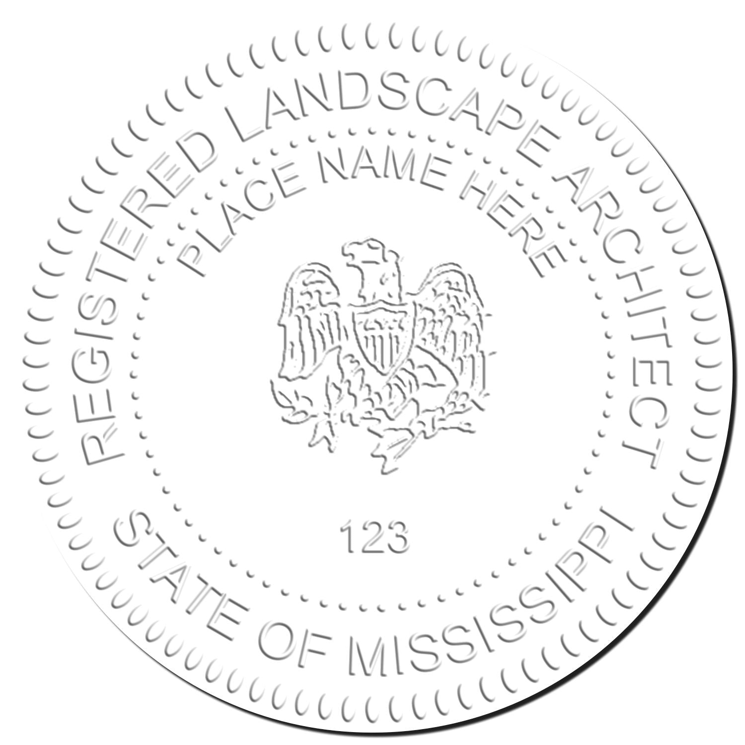 This paper is stamped with a sample imprint of the Mississippi Desk Landscape Architectural Seal Embosser, signifying its quality and reliability.