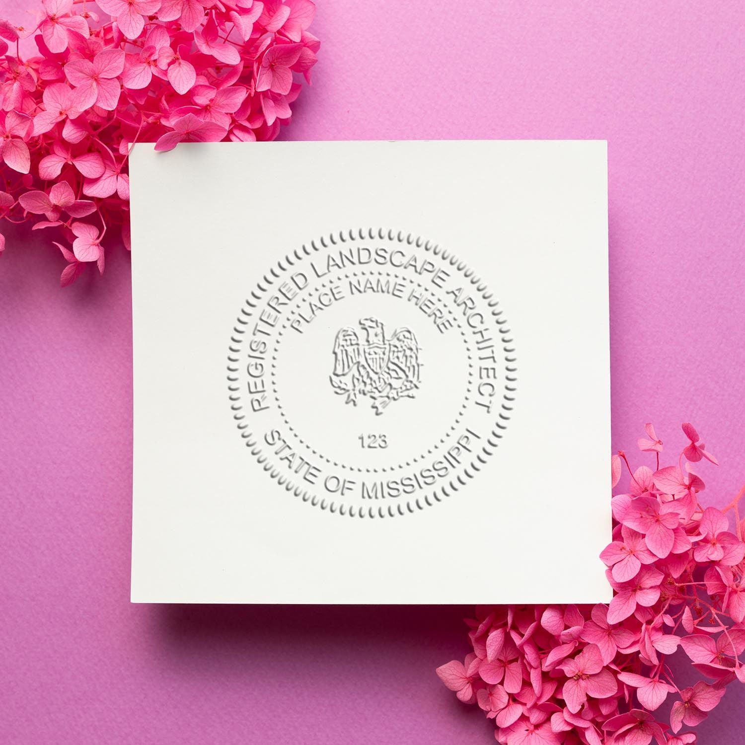 The State of Mississippi Handheld Landscape Architect Seal stamp impression comes to life with a crisp, detailed photo on paper - showcasing true professional quality.