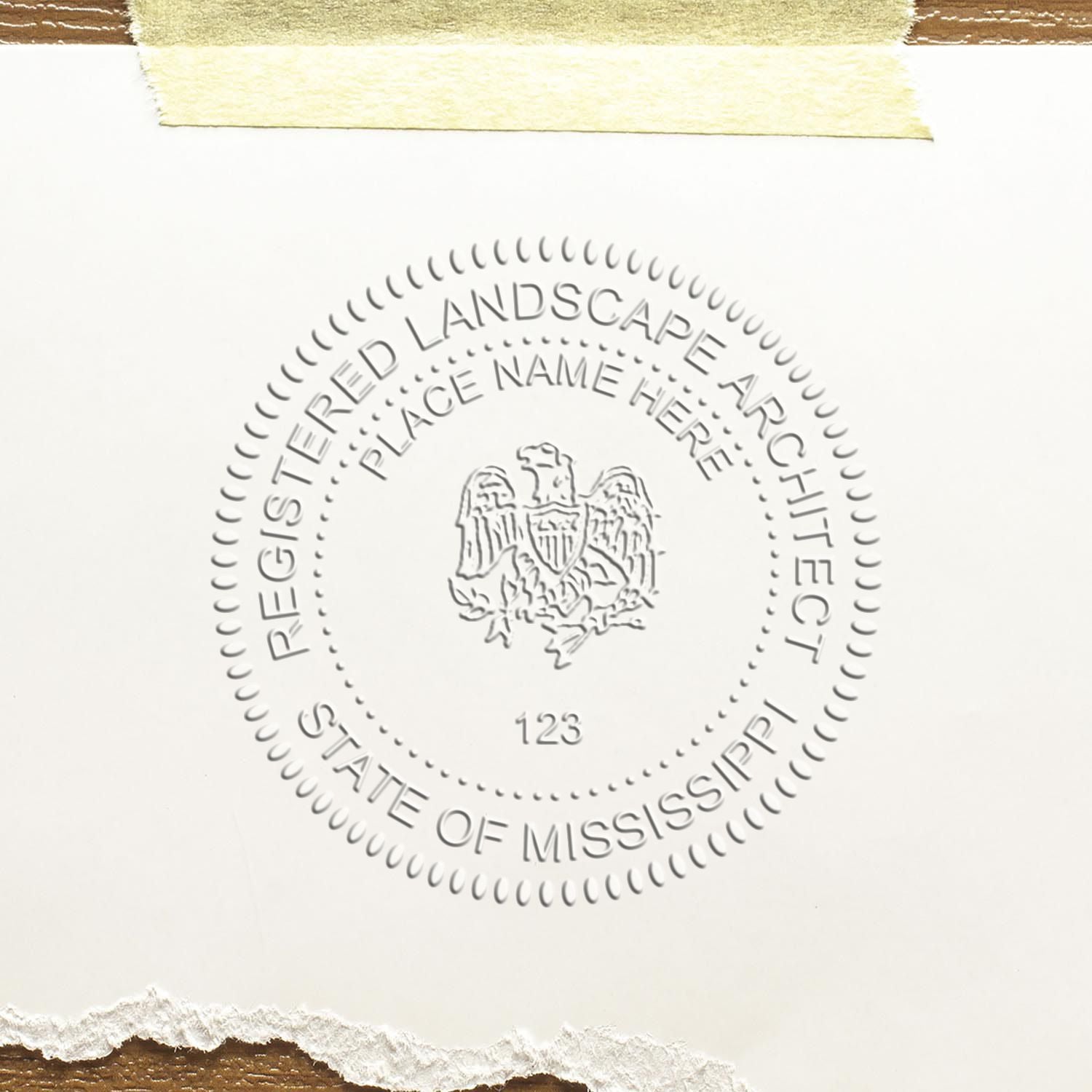 A photograph of the Mississippi Long Reach Landscape Architect Embossing Stamp stamp impression reveals a vivid, professional image of the on paper.