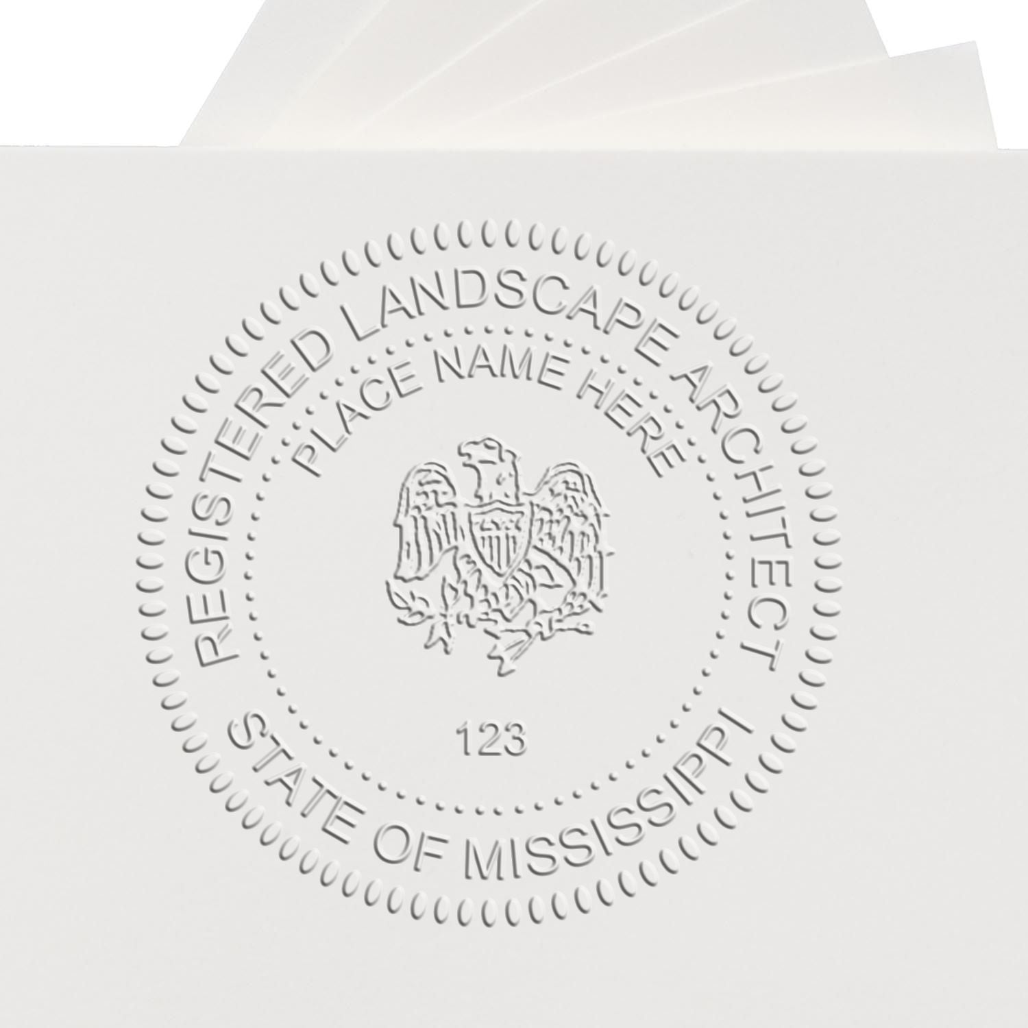 A photograph of the State of Mississippi Handheld Landscape Architect Seal stamp impression reveals a vivid, professional image of the on paper.